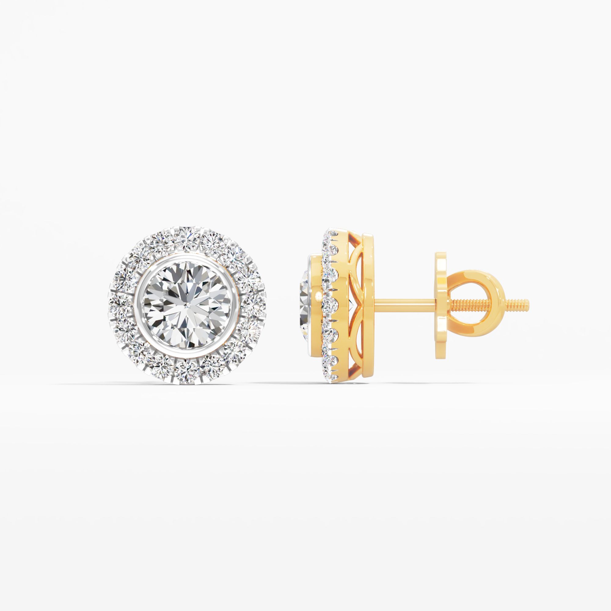 Iris Crest Solitaire Stud Halo Earring 9k Yellow Gold Round 0.67ct