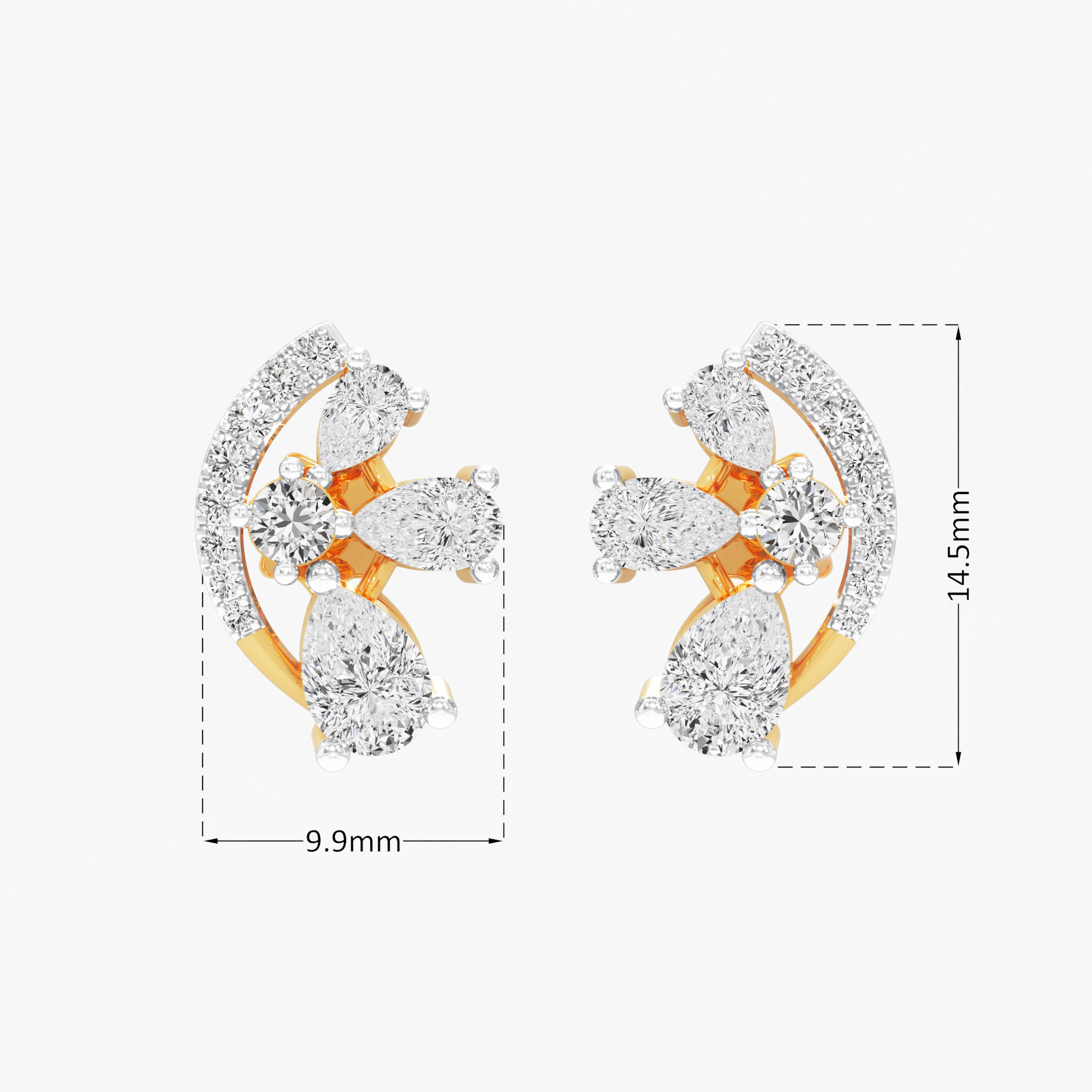 Crescent Bloom Stud Earrings in 9KT Yellow Gold (Stud Quality:FG-VVS VS)