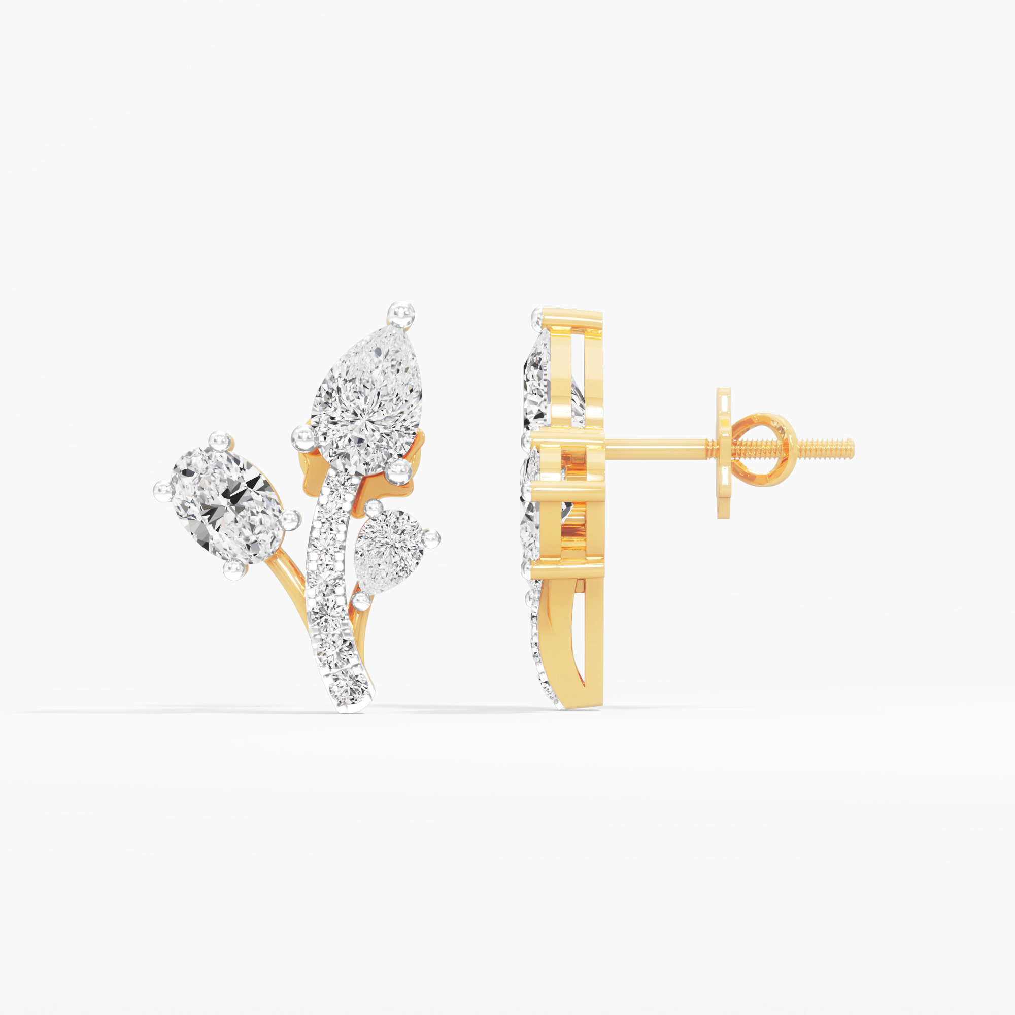 Blooming Spray Stud Earrings in 18KT Yellow Gold (Stud Quality:FG-VVS VS)