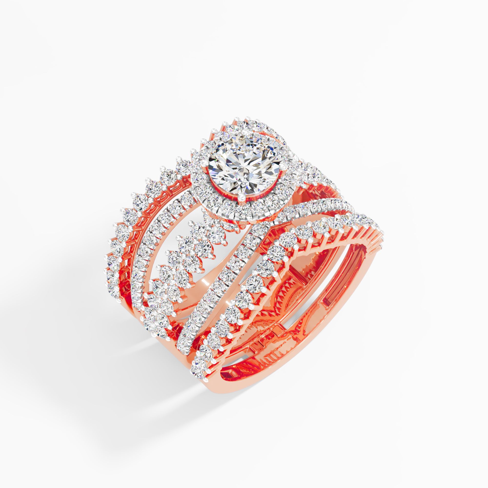 Woven Halo Multi-Band Cocktail Ring in 14KT Rose Gold & White Gold (Diamond Quality: FG-VVS VS)