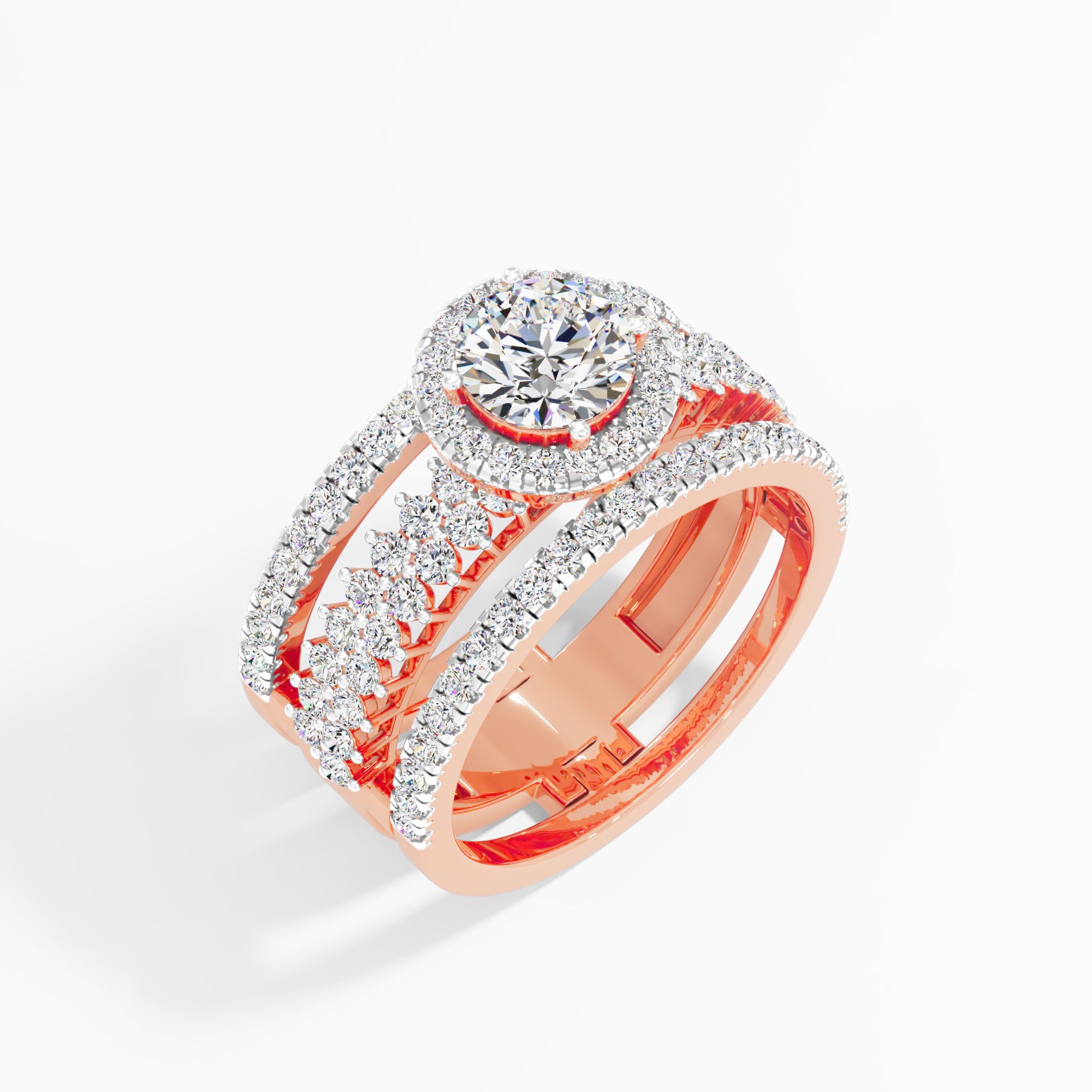 Grand Tiered Halo Statement Ring in 14KT Rose Gold & White Gold (Diamond Quality: FG-VVS VS)