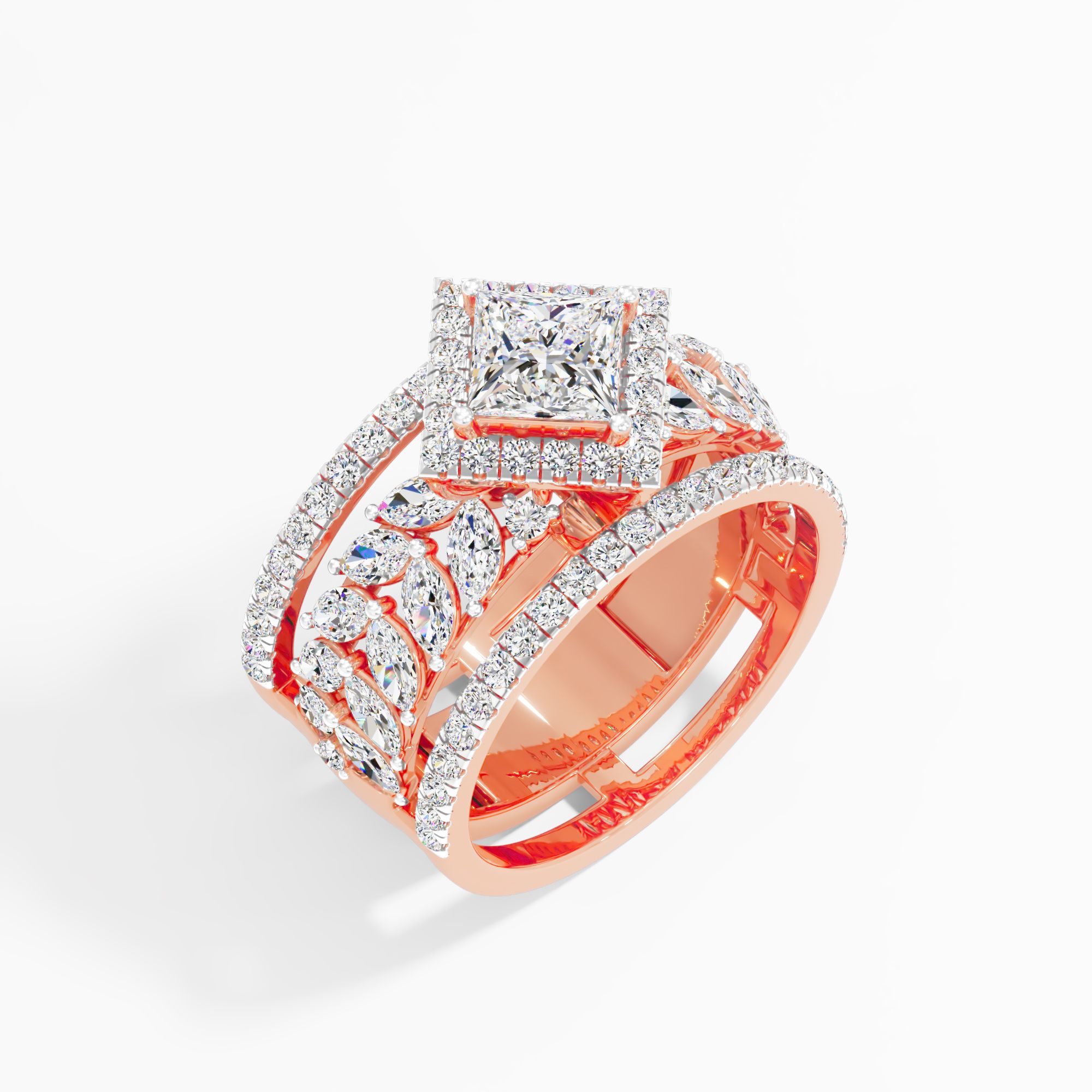 Royal Tiara Princess Cluster Ring in 9KT Rose Gold & White Gold (Diamond Quality: FG-VVS VS)