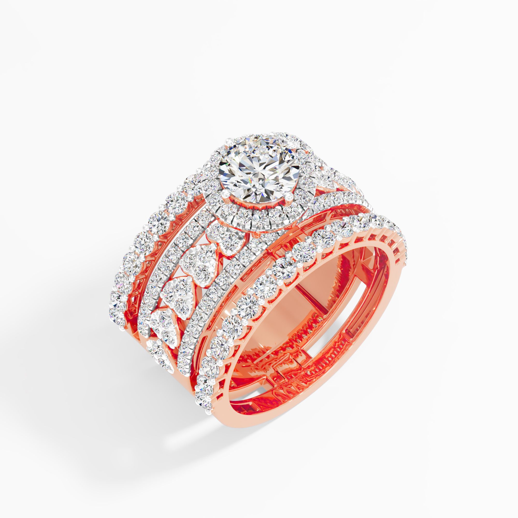 Romantic Halo Solitaire Cocktail Ring in 18KT Rose Gold & White Gold (Diamond Quality: FG-VVS VS)