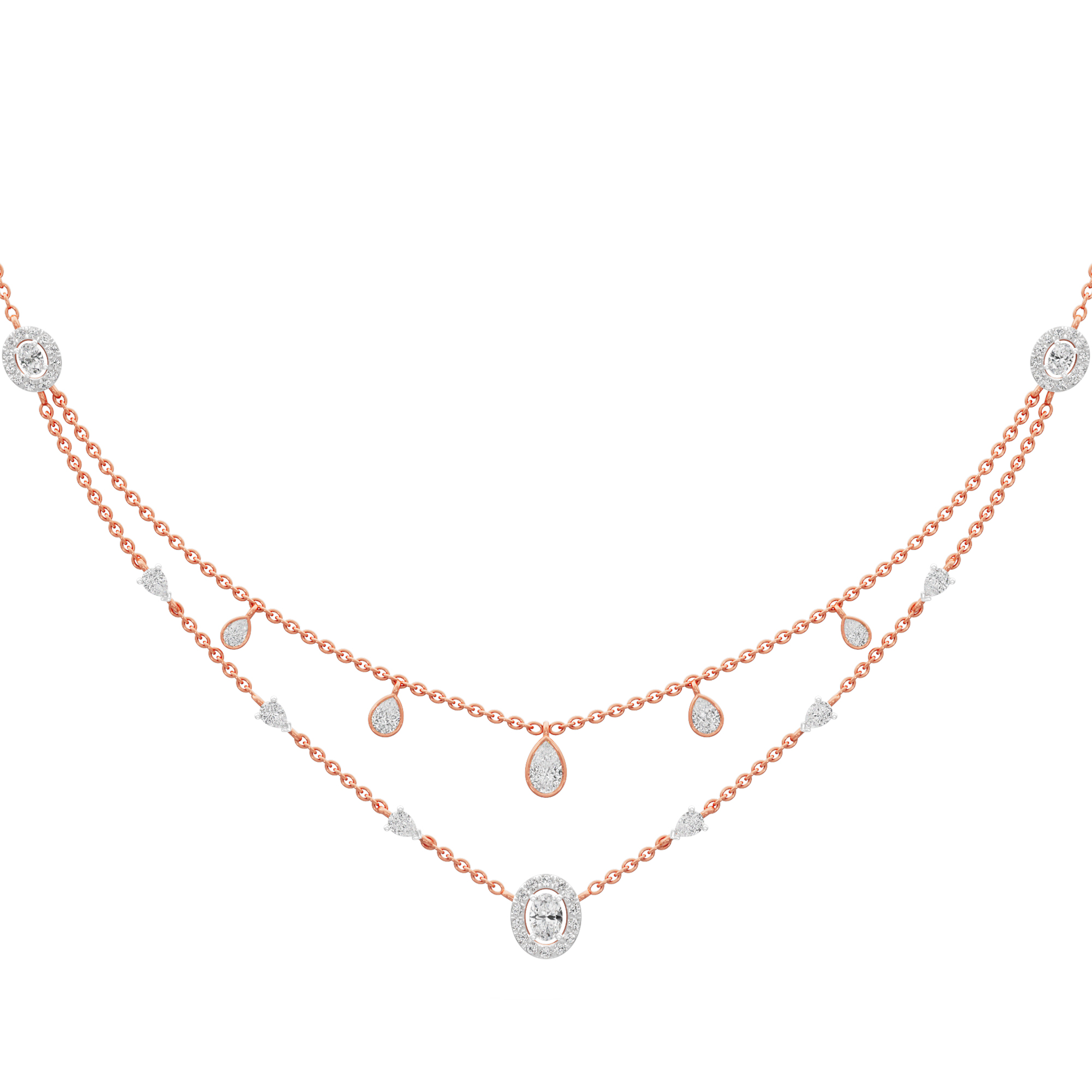 Luminary Pear Layered Diamond Necklace in 9KT Rose Gold (Diamond Quality:FG-VVS VS)
