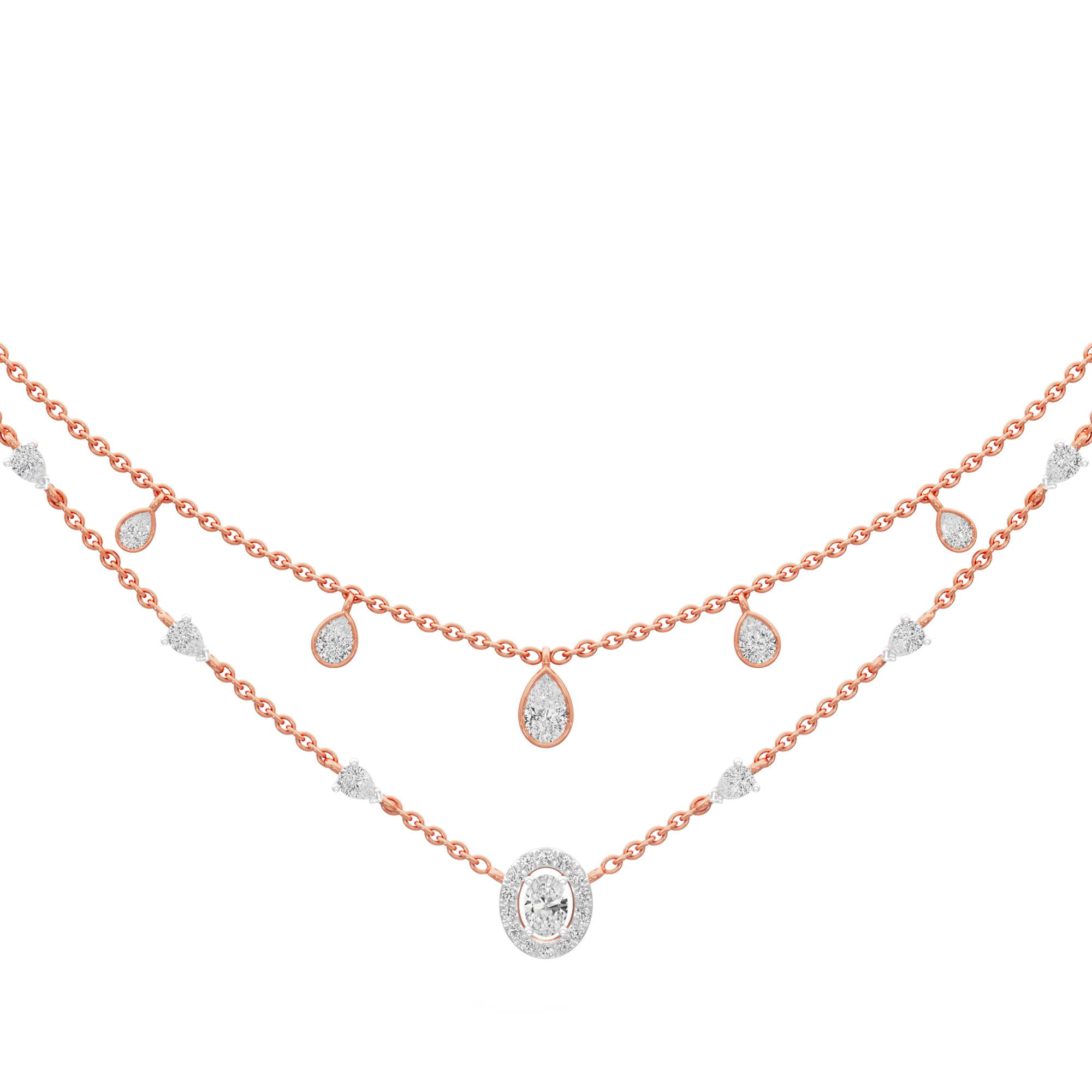 Luminary Pear Layered Diamond Necklace in 9KT Rose Gold (Diamond Quality:FG-VVS VS)