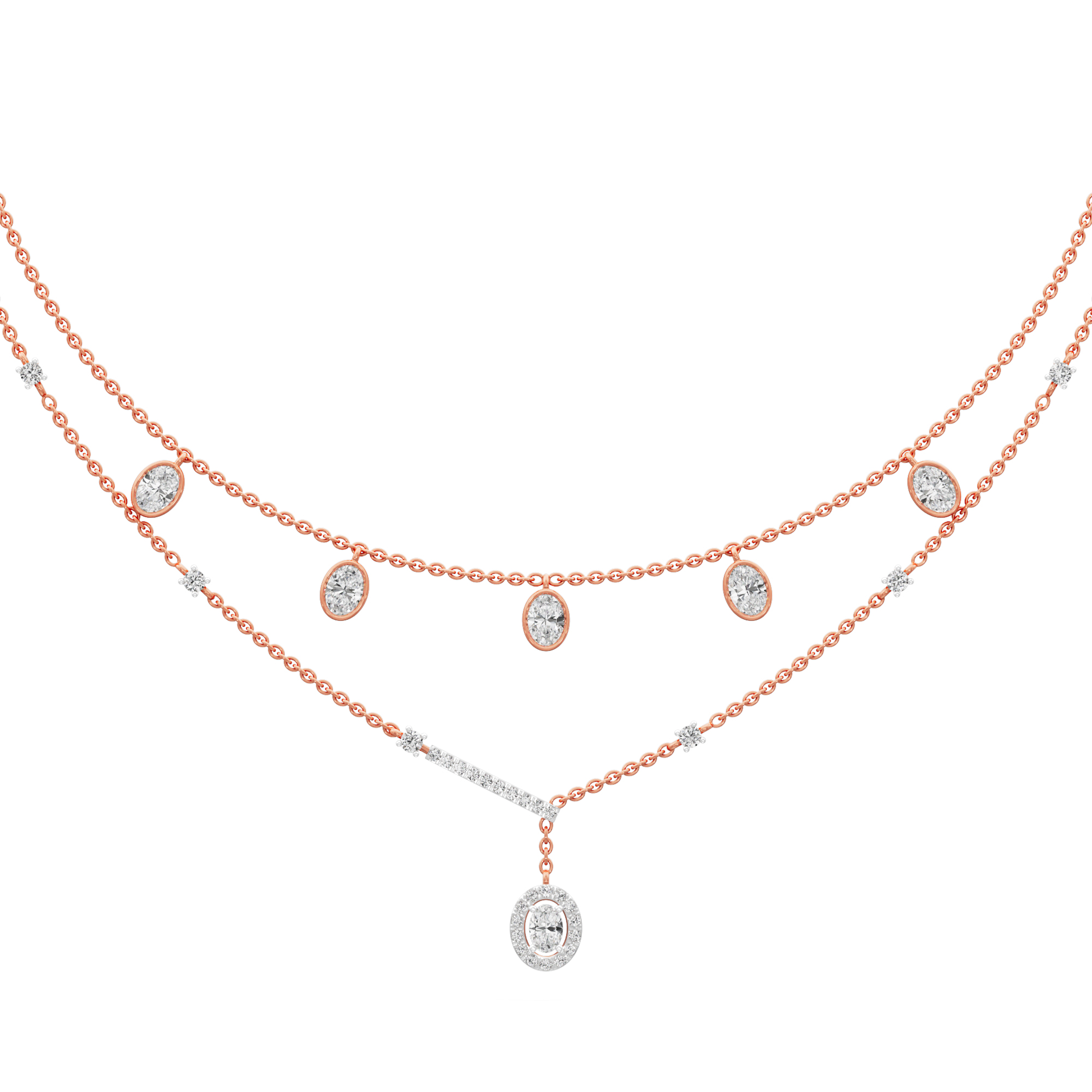 Reverie Oval Layered Diamond Necklace in 9KT Rose Gold (Diamond Quality:FG-VVS VS)