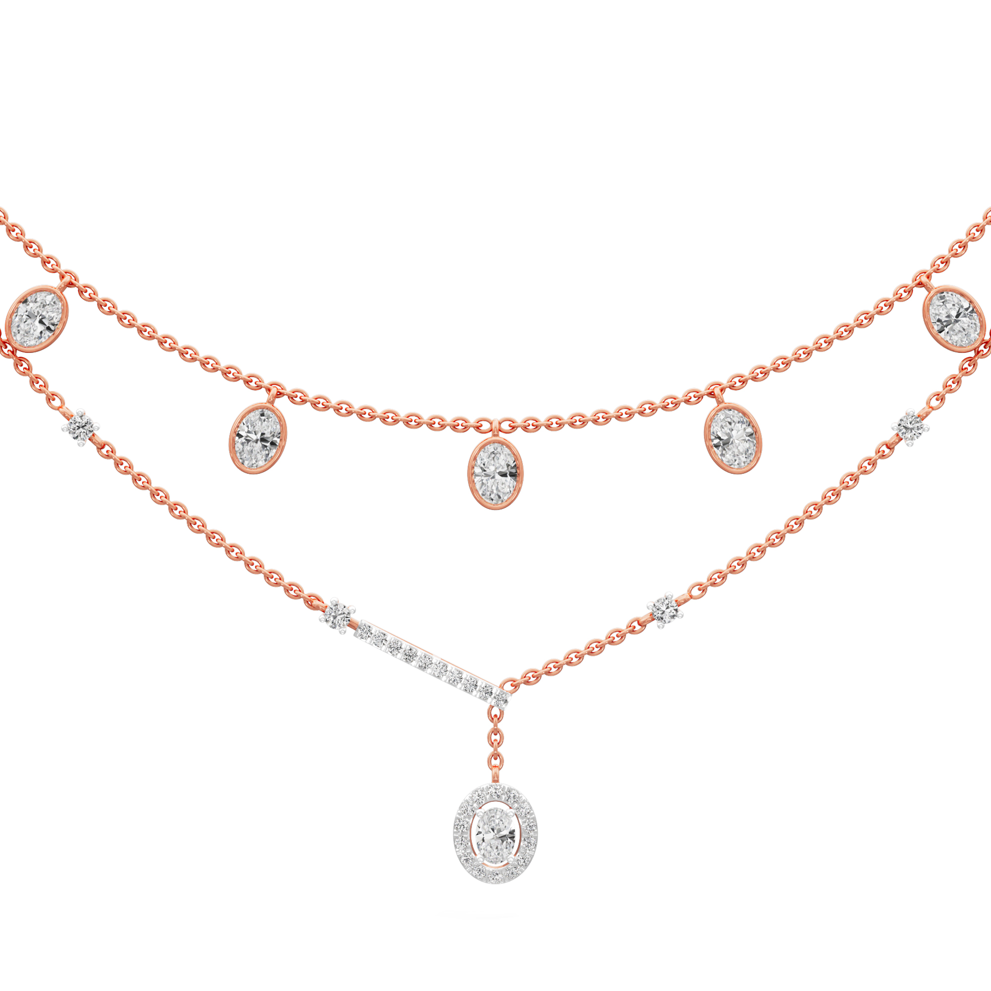 Reverie Oval Layered Diamond Necklace in 9KT Rose Gold (Diamond Quality:FG-VVS VS)