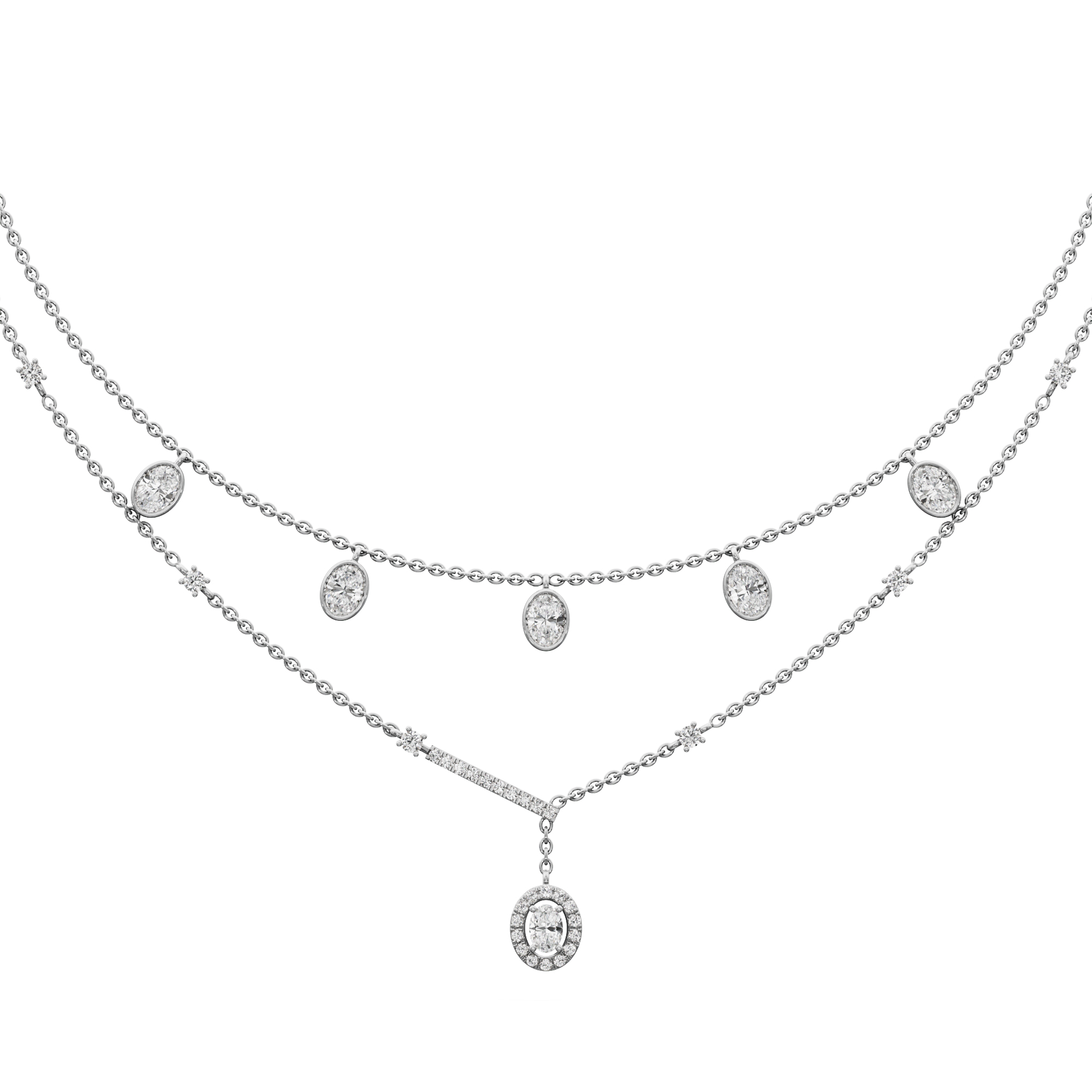 Reverie Oval Layered Diamond Necklace in 14KT White Gold (Diamond Quality:FG-VVS VS)