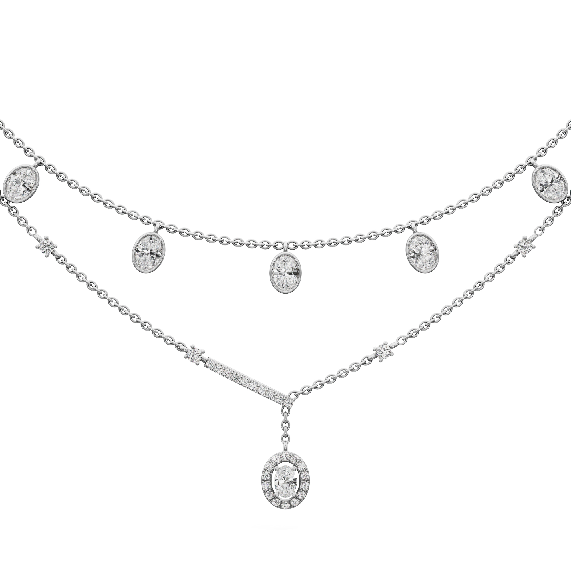 Reverie Oval Layered Diamond Necklace in 14KT White Gold (Diamond Quality:FG-VVS VS)