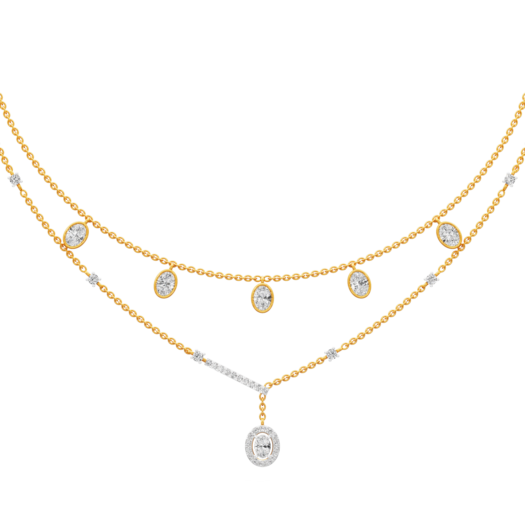 Reverie Oval Layered Diamond Necklace in 18KT Yellow Gold (Diamond Quality:FG-VVS VS)
