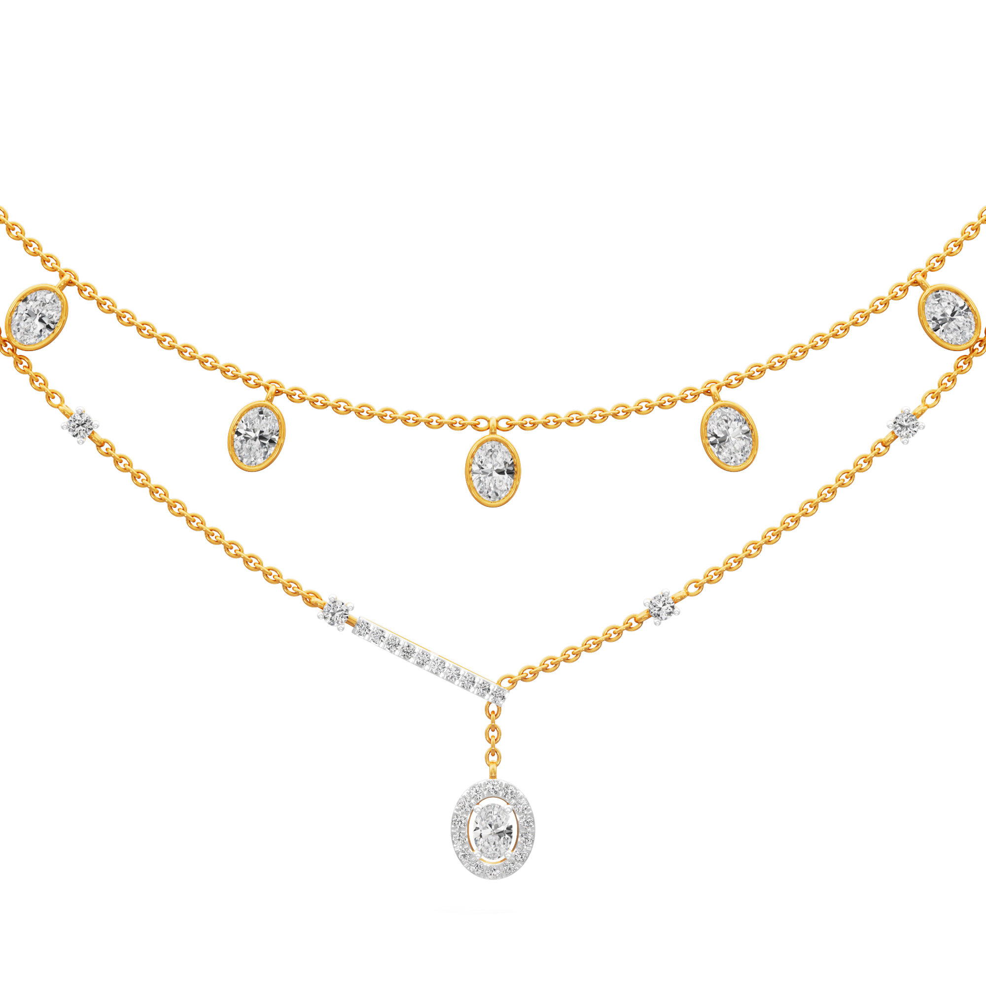 Reverie Oval Layered Diamond Necklace in 18KT Yellow Gold (Diamond Quality:FG-VVS VS)