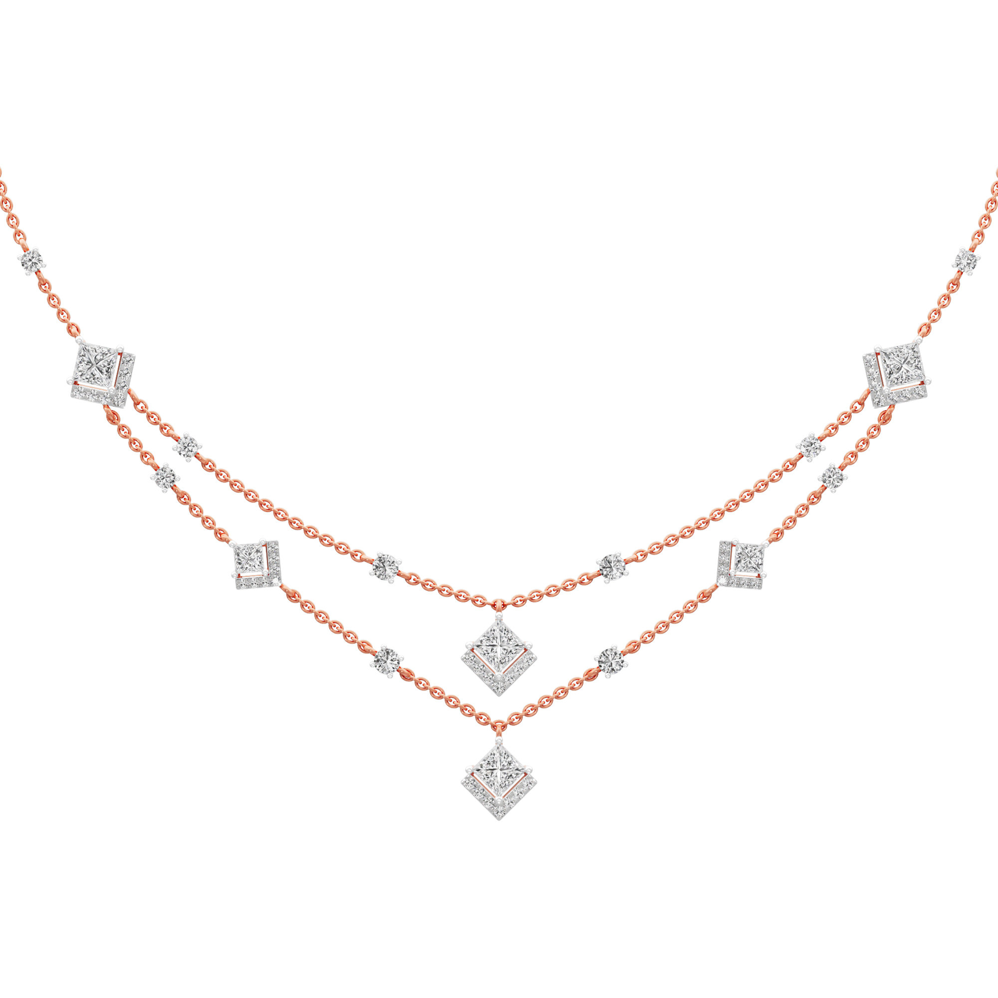 Cascading Elegance Layered Diamond Necklace in 18KT Rose Gold (Diamond Quality:FG-VVS VS)