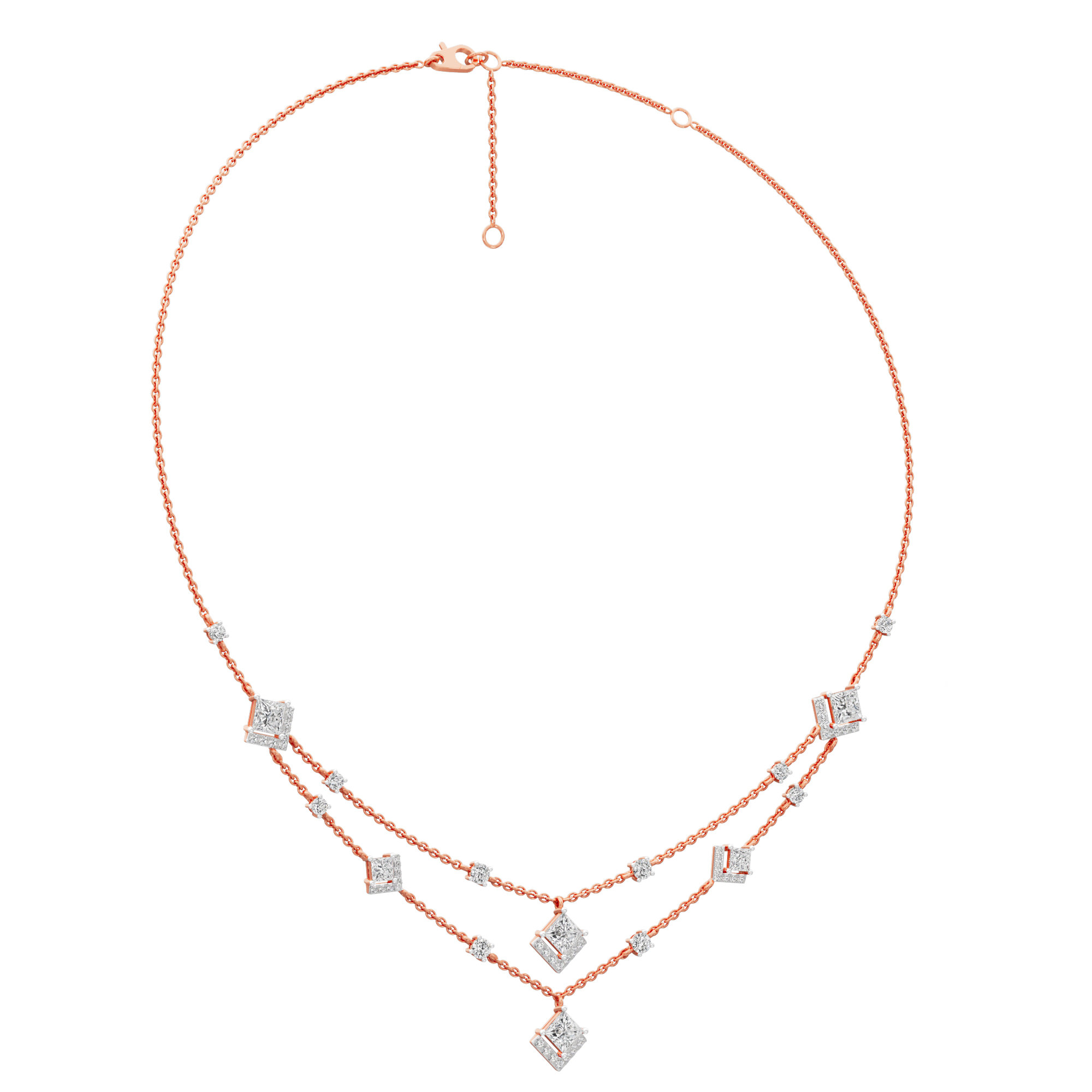 Cascading Elegance Layered Diamond Necklace in 18KT Rose Gold (Diamond Quality:FG-VVS VS)