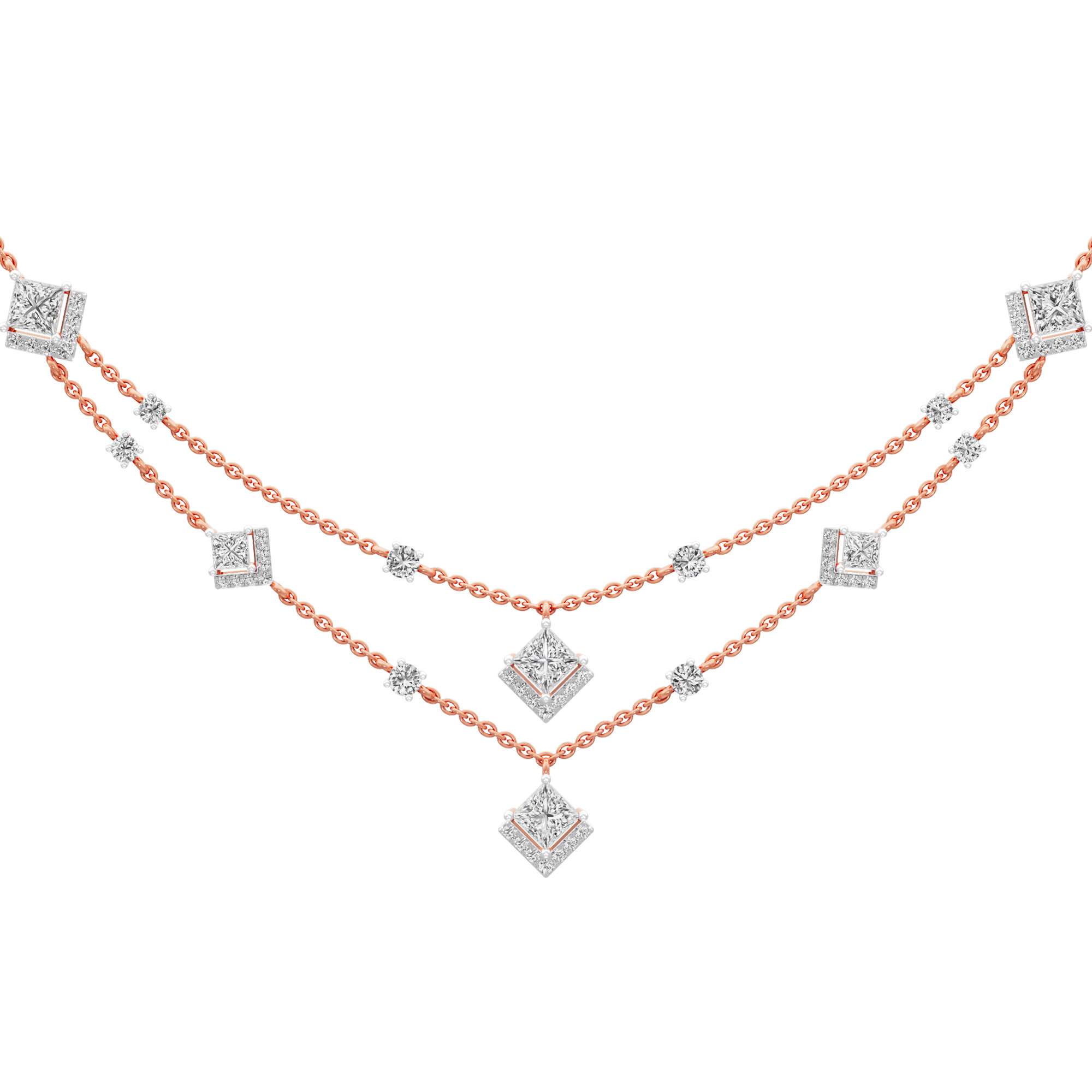 Cascading Elegance Layered Diamond Necklace in 18KT Rose Gold (Diamond Quality:FG-VVS VS)
