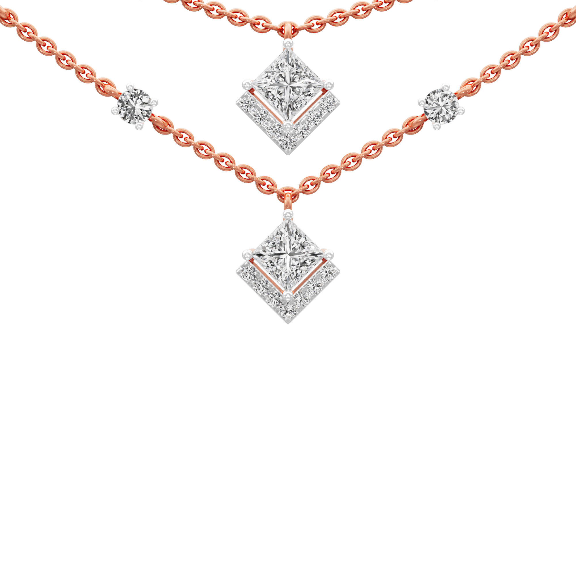 Cascading Elegance Layered Diamond Necklace in 18KT Rose Gold (Diamond Quality:FG-VVS VS)