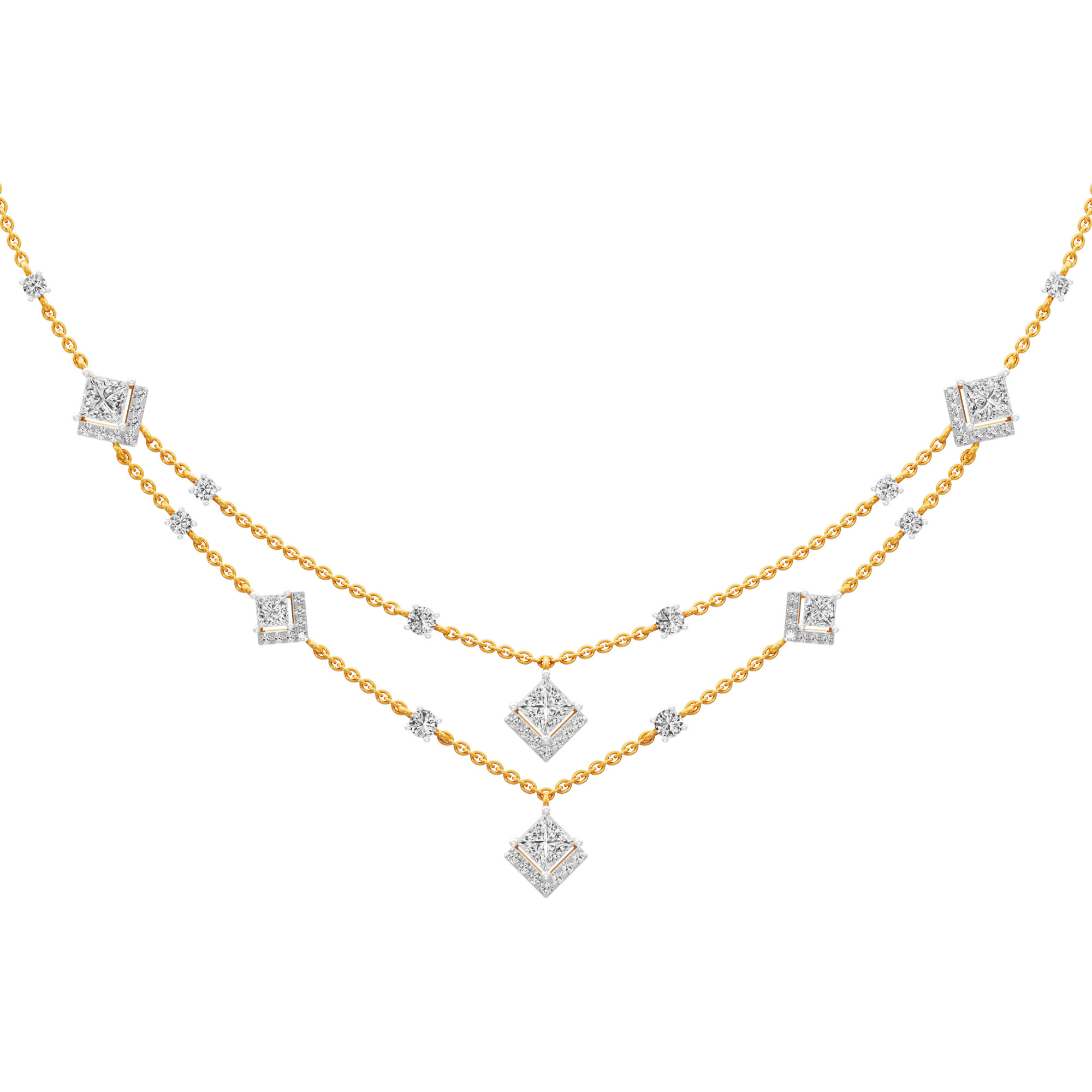 Cascading Elegance Layered Diamond Necklace in 18KT Yellow Gold (Diamond Quality:FG-VVS VS)