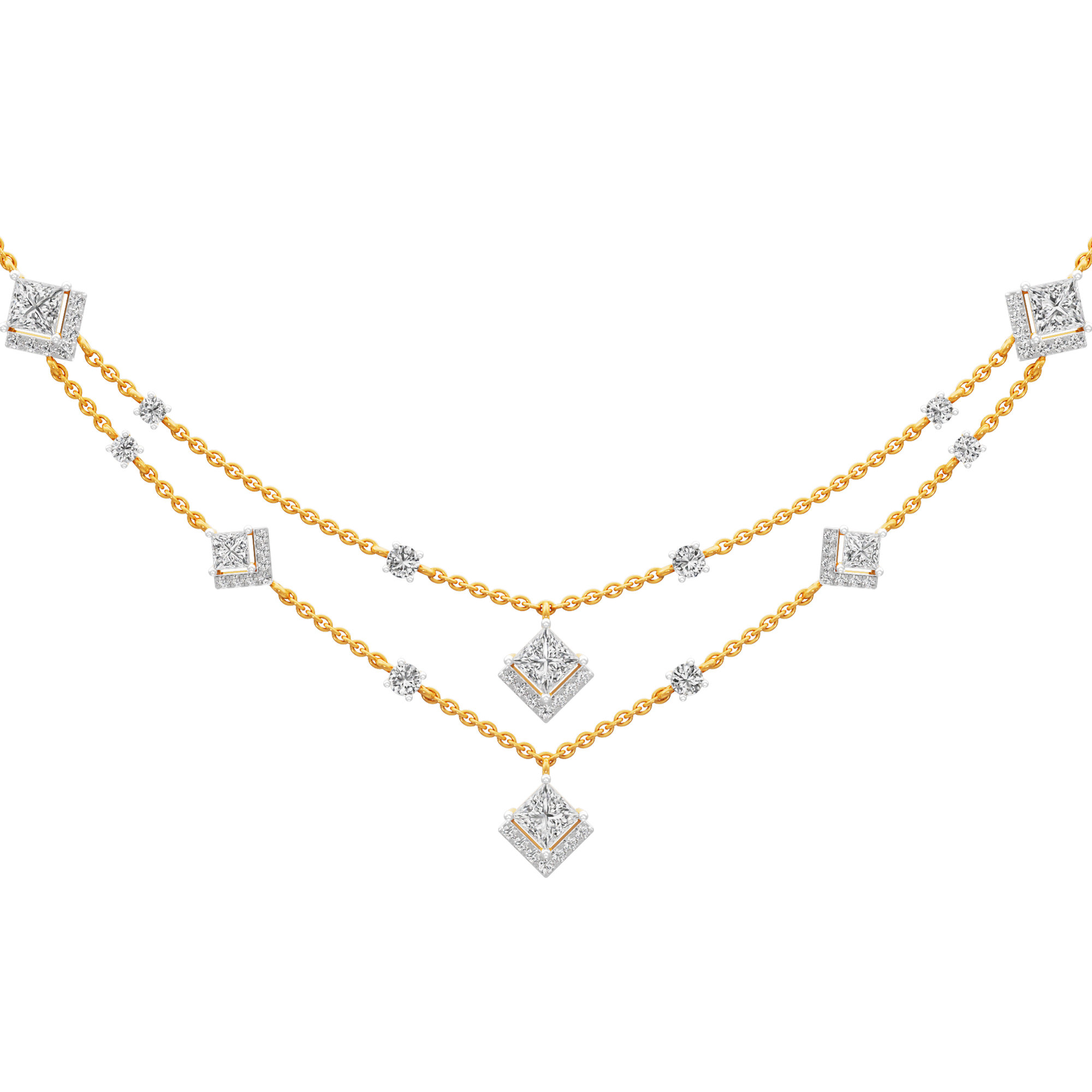 Cascading Elegance Layered Diamond Necklace in 18KT Yellow Gold (Diamond Quality:FG-VVS VS)