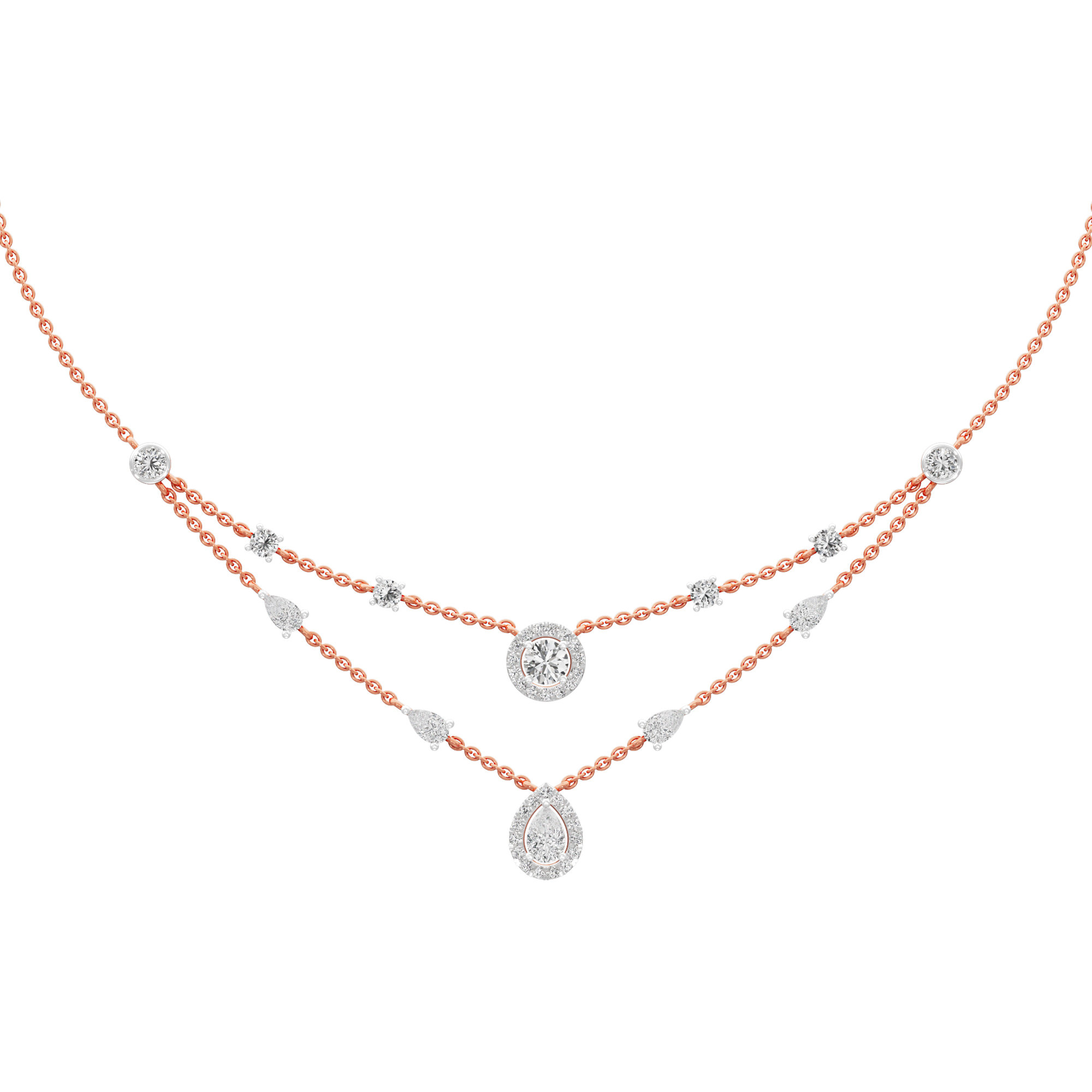 Reverie Drop Layered Diamond Necklace in 18KT Rose Gold (Diamond Quality:FG-VVS VS)
