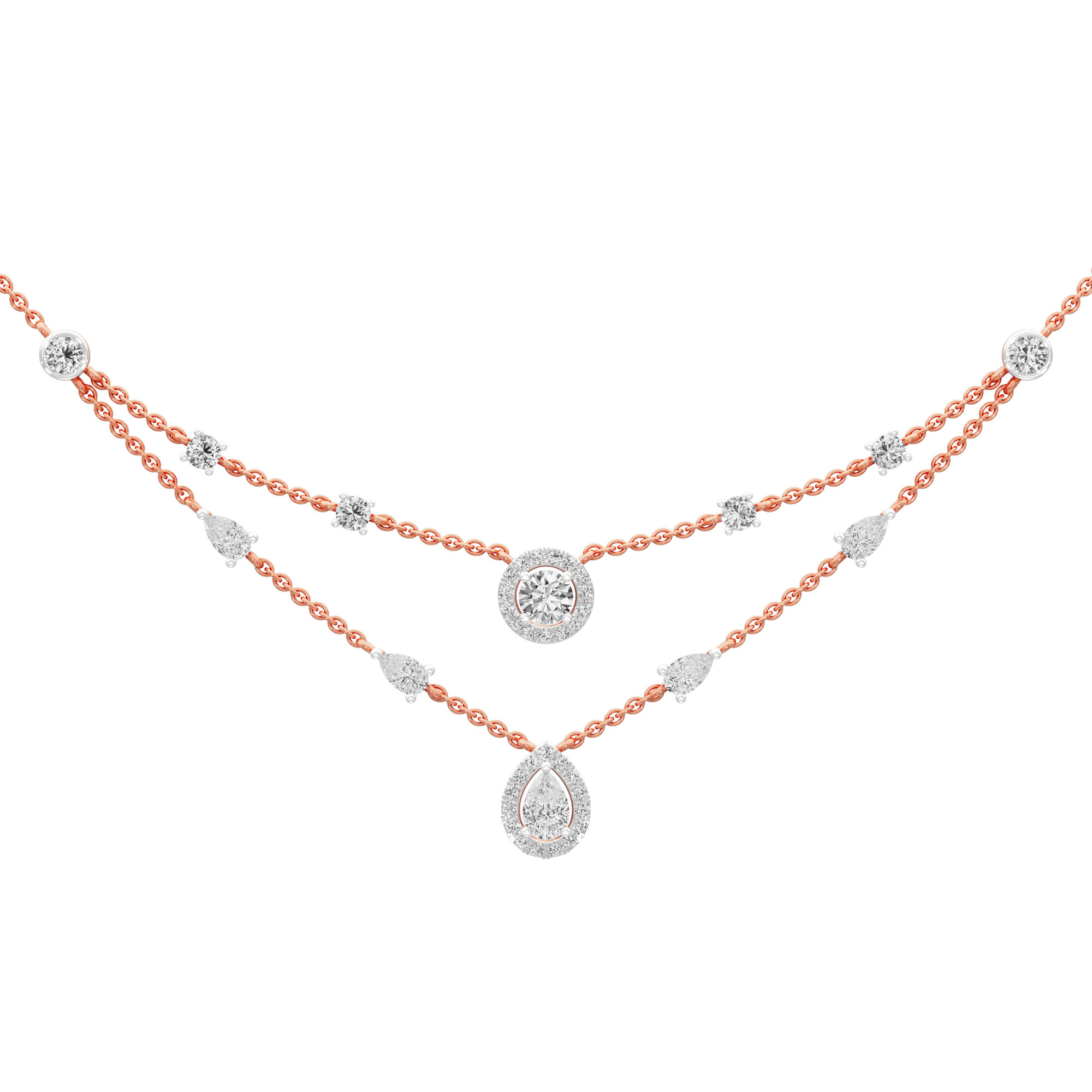 Reverie Drop Layered Diamond Necklace in 18KT Rose Gold (Diamond Quality:FG-VVS VS)