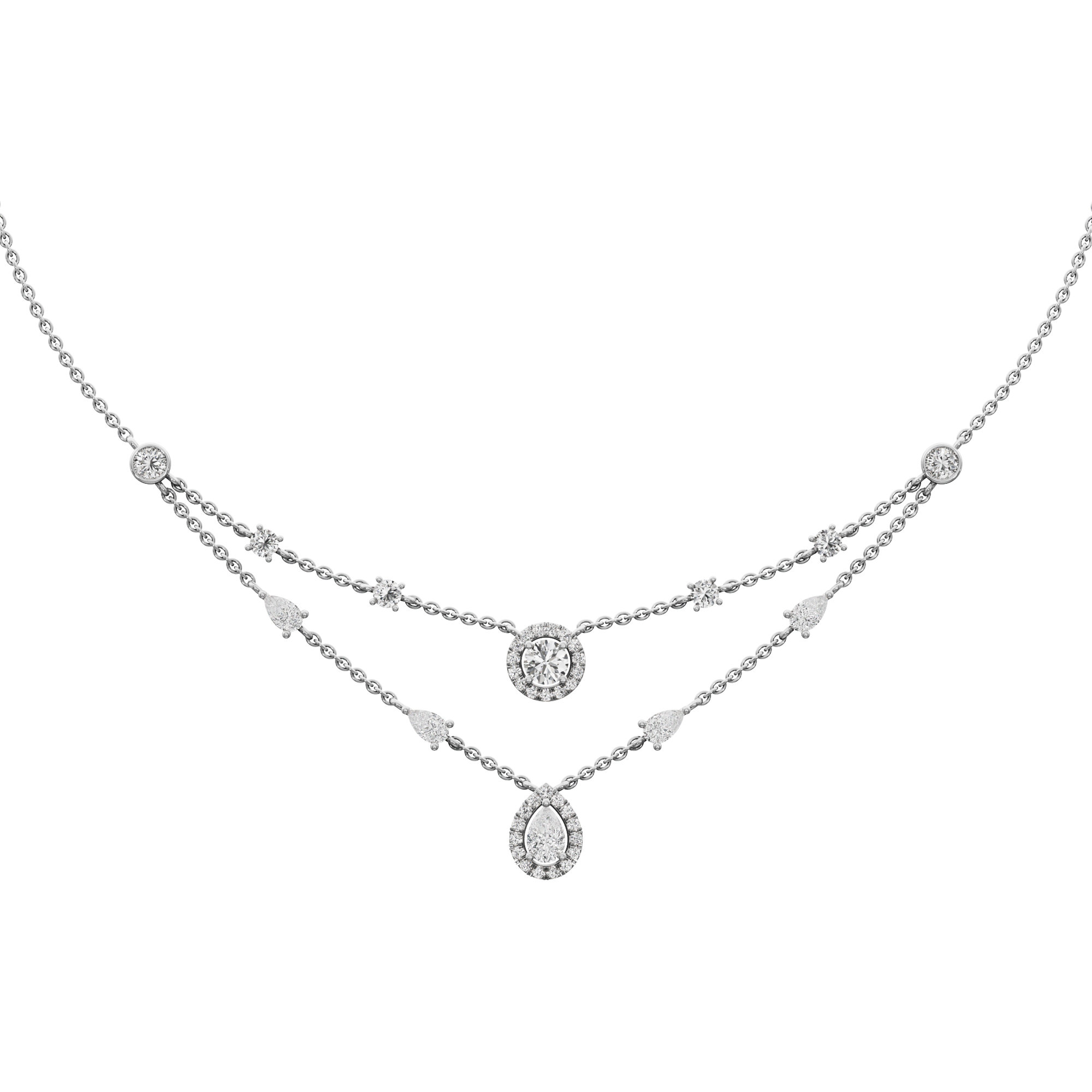 Reverie Drop Layered Diamond Necklace in 9KT White Gold (Diamond Quality:FG-VVS VS)