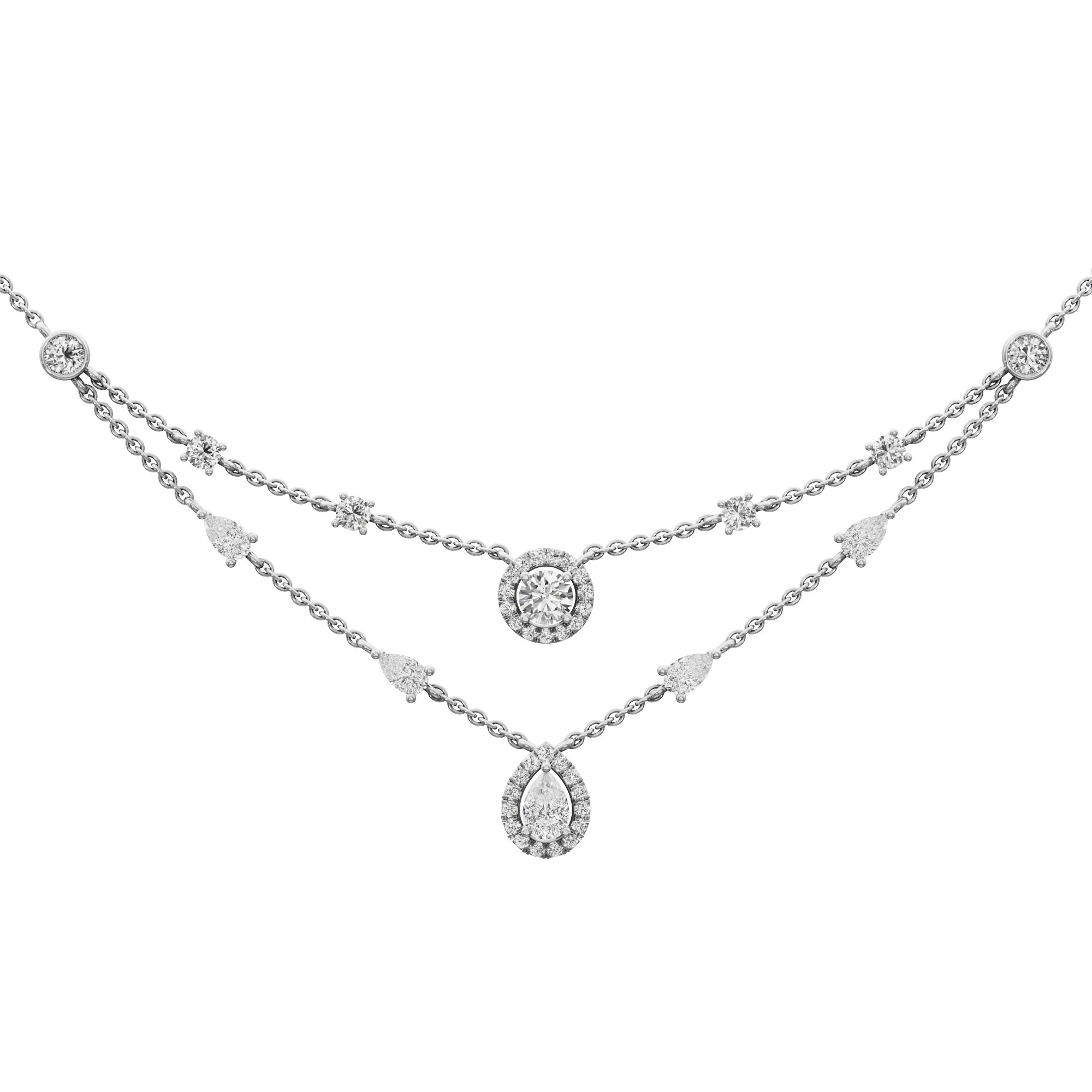 Reverie Drop Layered Diamond Necklace in 9KT White Gold (Diamond Quality:FG-VVS VS)