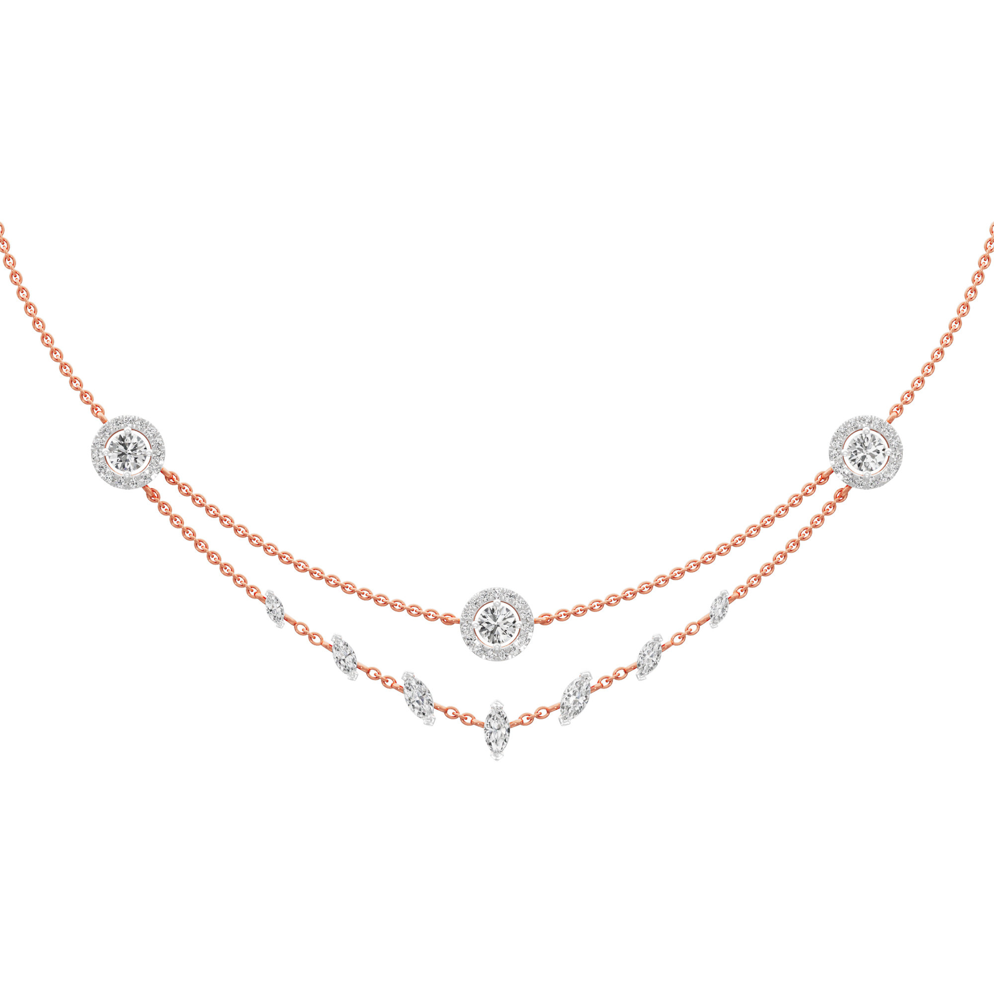 Radiant Halo Layered Diamond Necklace in 14KT Rose Gold (Diamond Quality:FG-VVS VS)