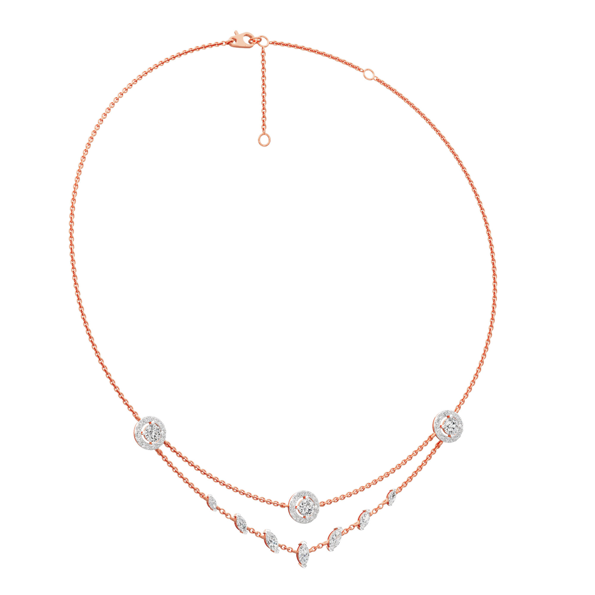 Radiant Halo Layered Diamond Necklace in 14KT Rose Gold (Diamond Quality:FG-VVS VS)