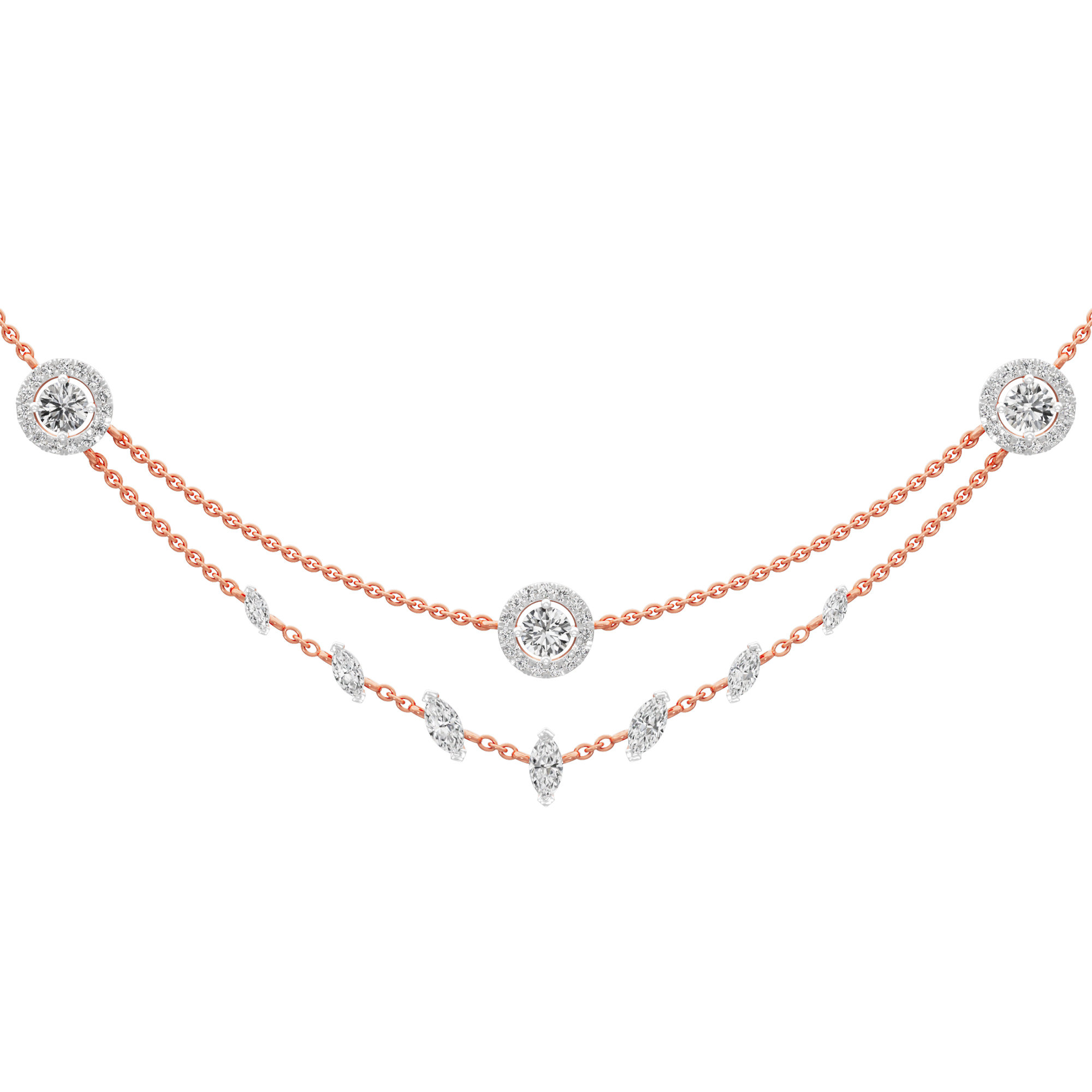 Radiant Halo Layered Diamond Necklace in 14KT Rose Gold (Diamond Quality:FG-VVS VS)