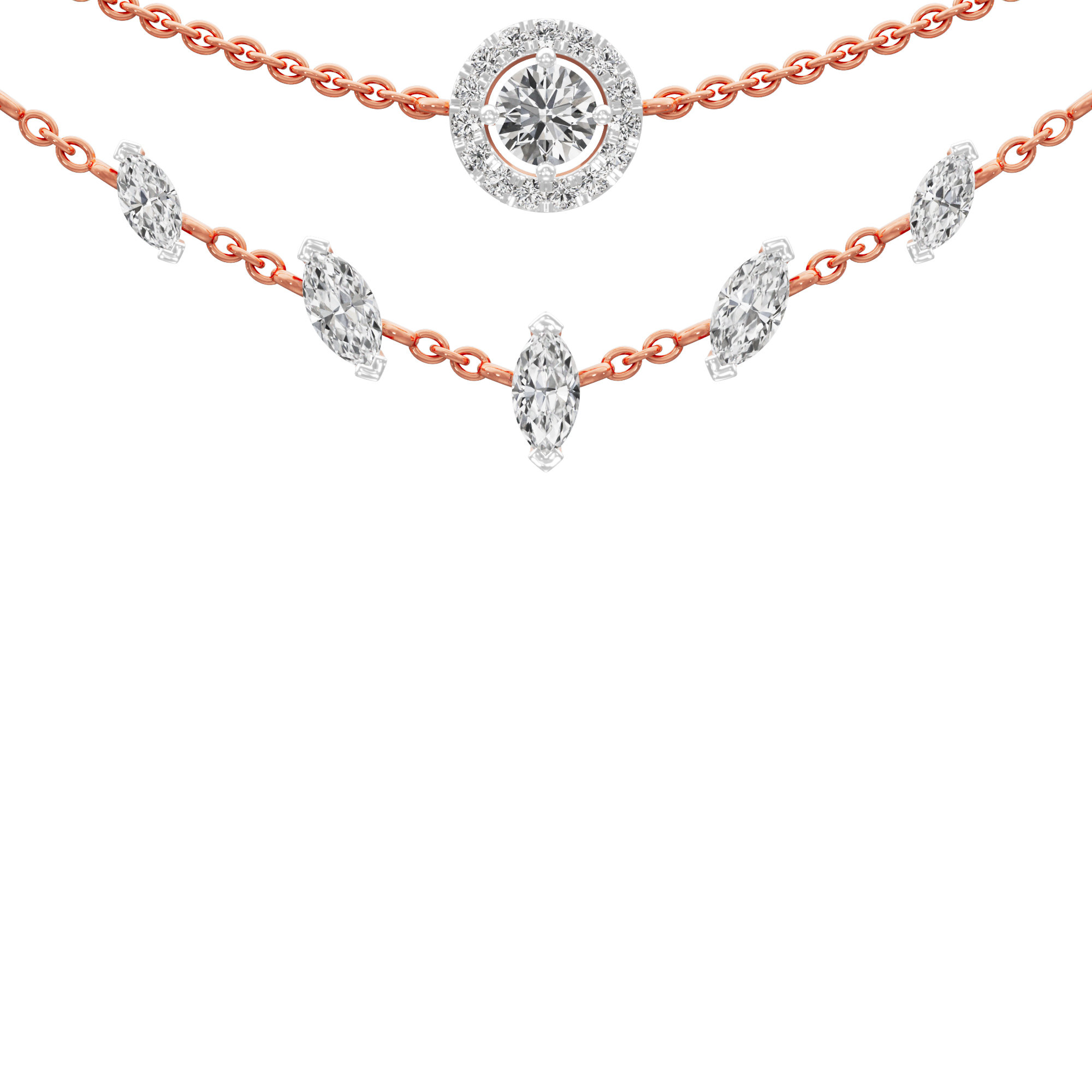 Radiant Halo Layered Diamond Necklace in 14KT Rose Gold (Diamond Quality:FG-VVS VS)