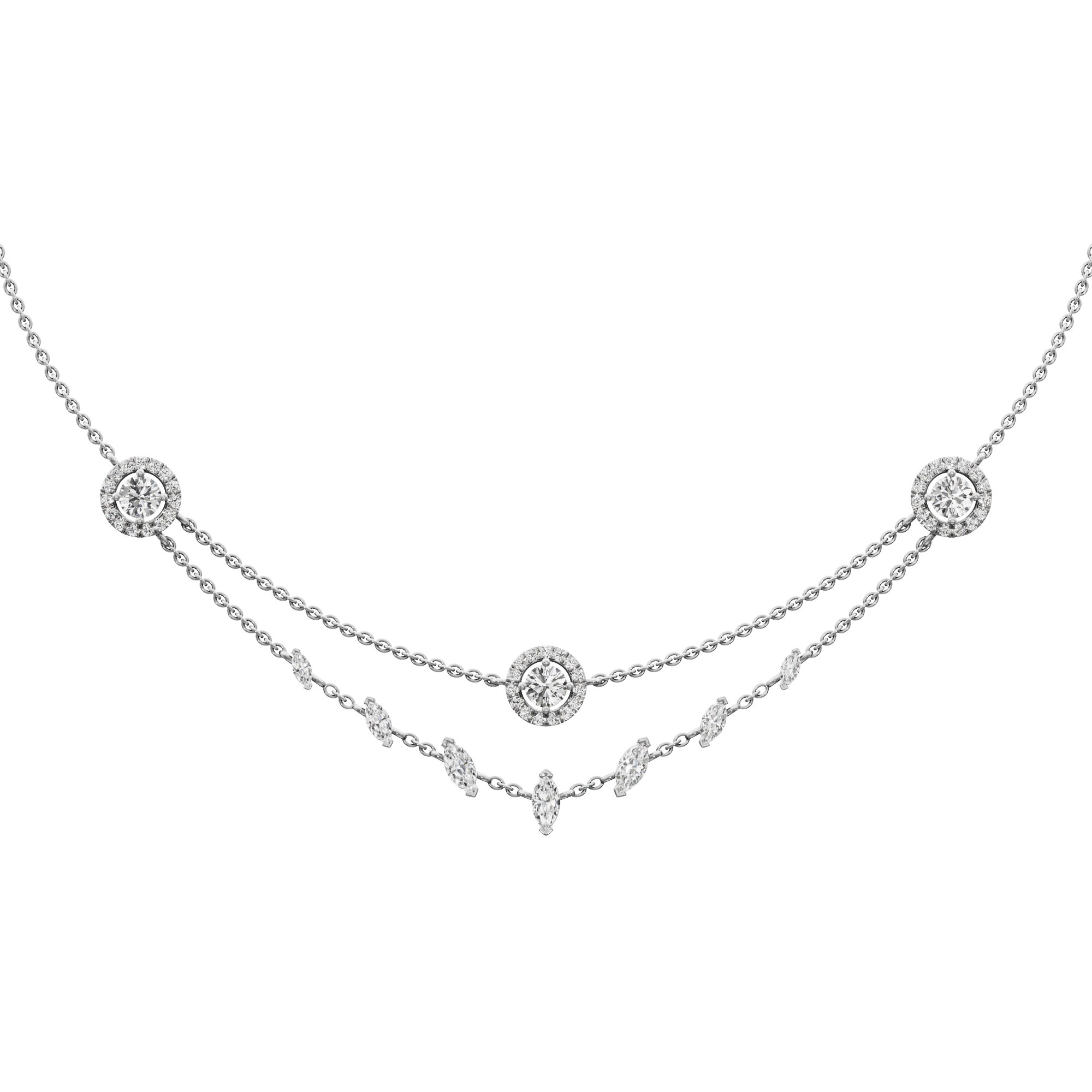 Radiant Halo Layered Diamond Necklace in 18KT White Gold (Diamond Quality:FG-VVS VS)