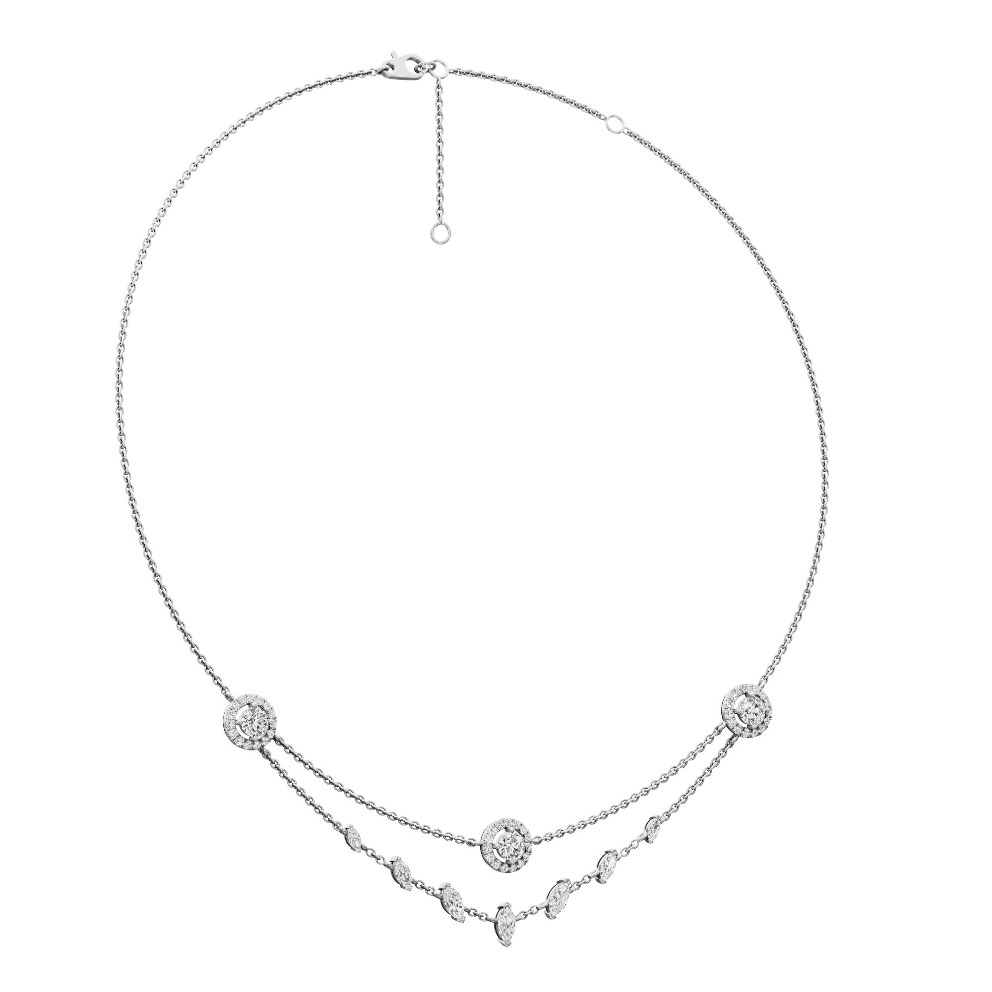 Radiant Halo Layered Diamond Necklace in 18KT White Gold (Diamond Quality:FG-VVS VS)