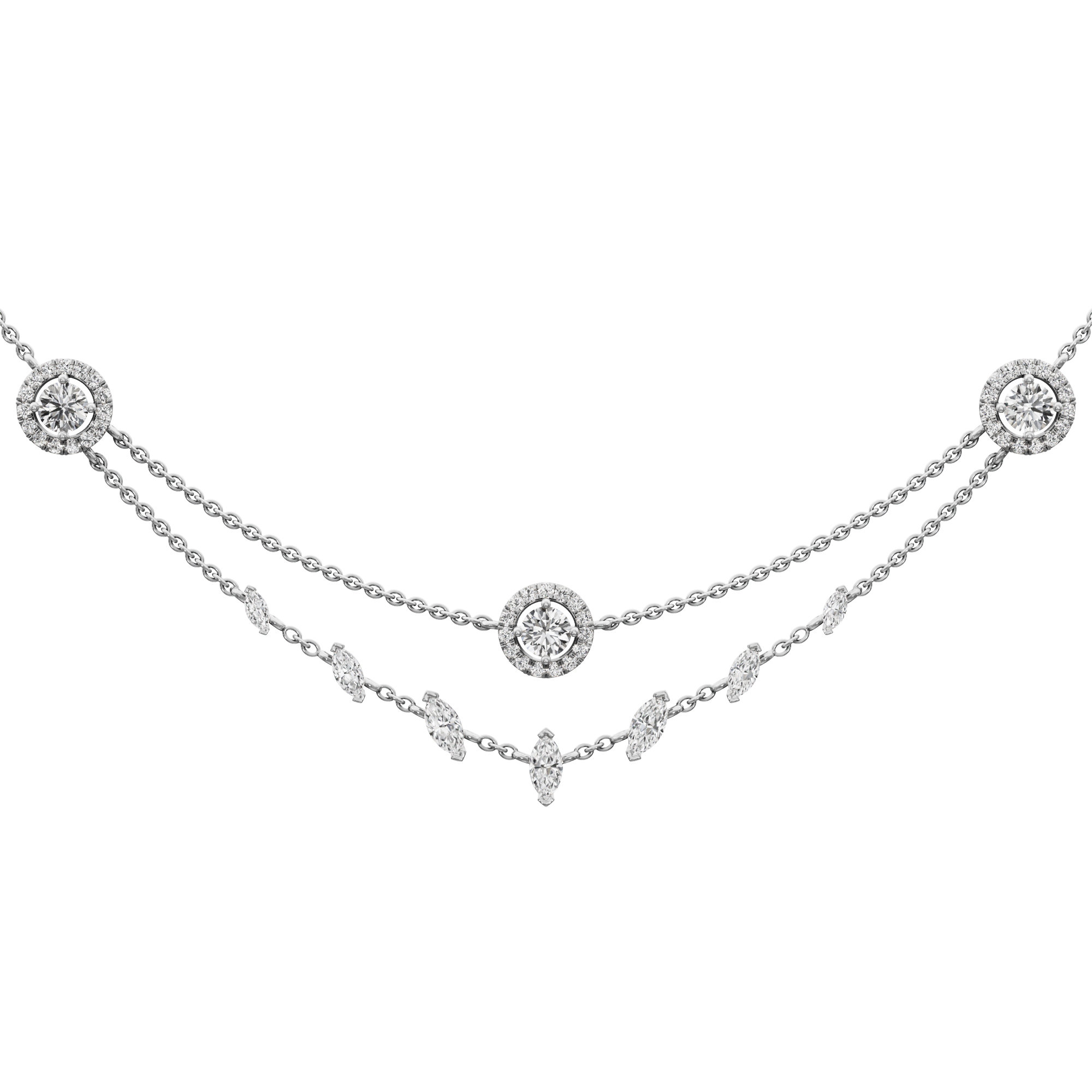 Radiant Halo Layered Diamond Necklace in 18KT White Gold (Diamond Quality:FG-VVS VS)