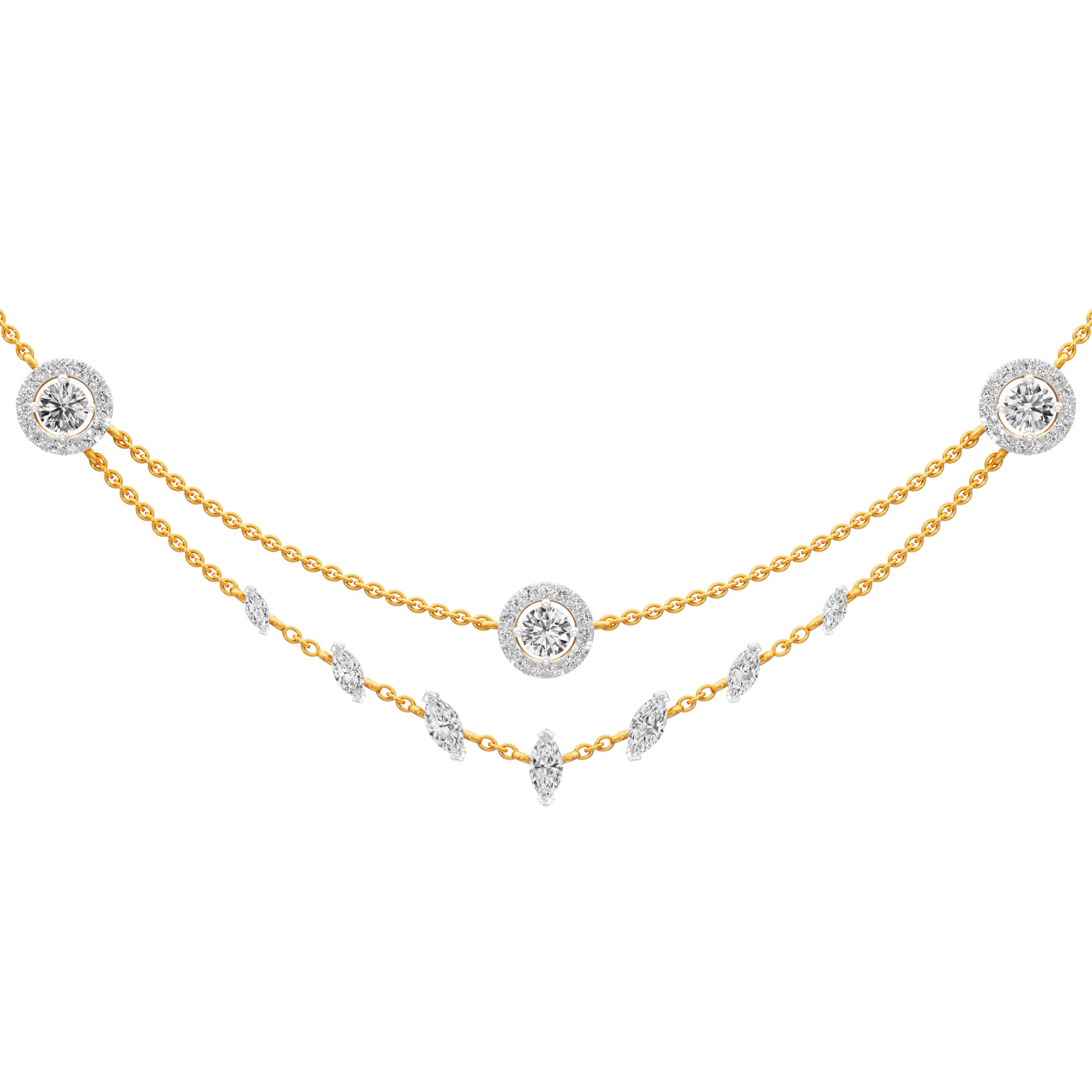 Radiant Halo Layered Diamond Necklace in 14KT Yellow Gold (Diamond Quality:FG-VVS VS)