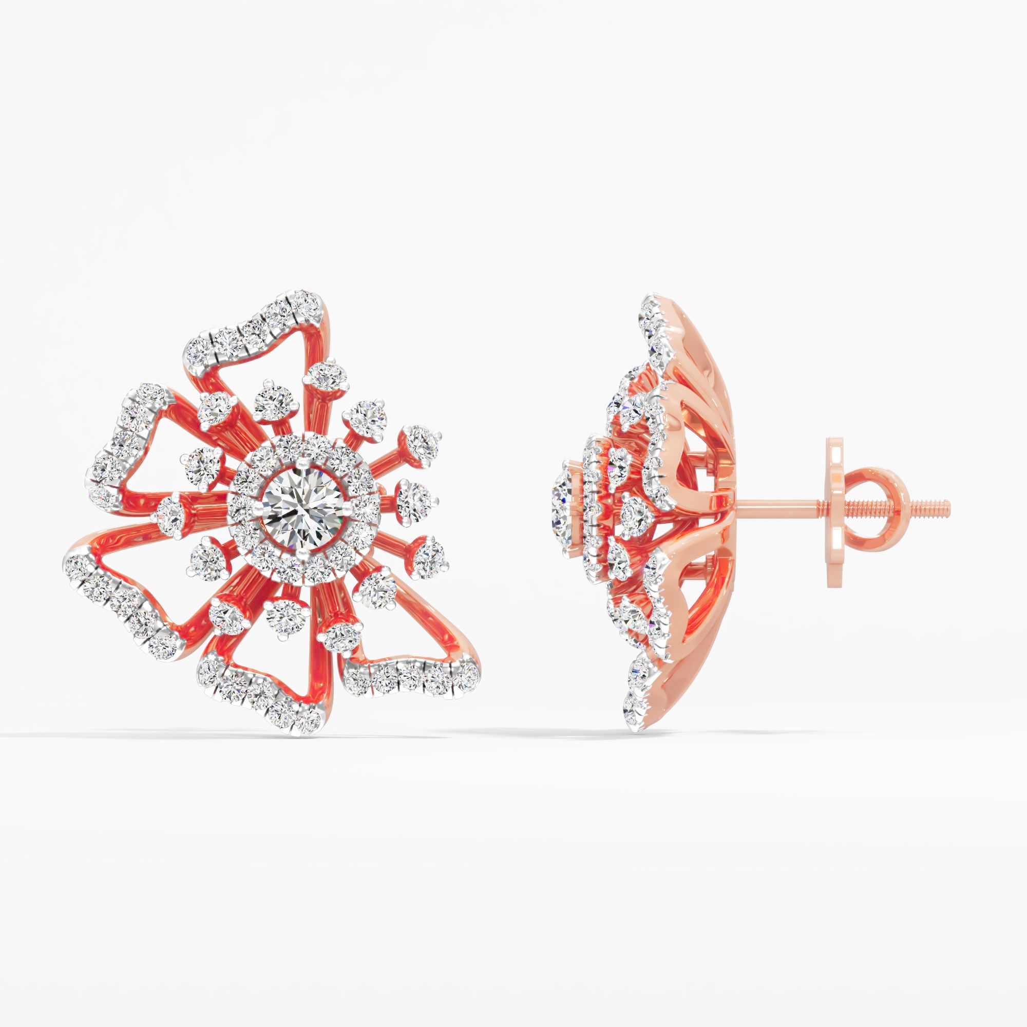 Elegant Hibiscus Stud Earrings in 9KT Rose Gold (Diamond Quality: FG-VVS VS)