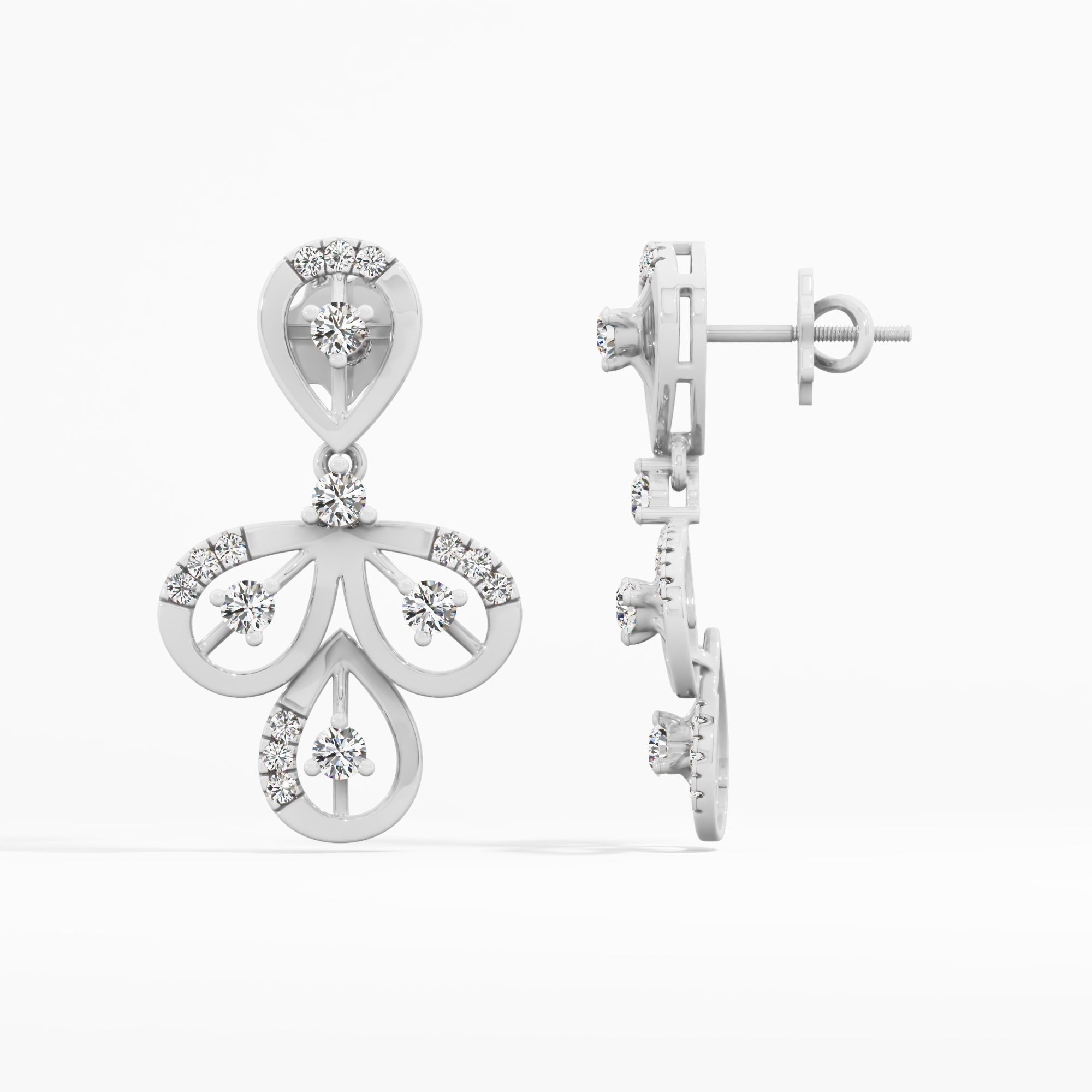 Teardrop Floral Dangle Earrings in 14KT White Gold (Diamond Quality: EF-VVS VS)