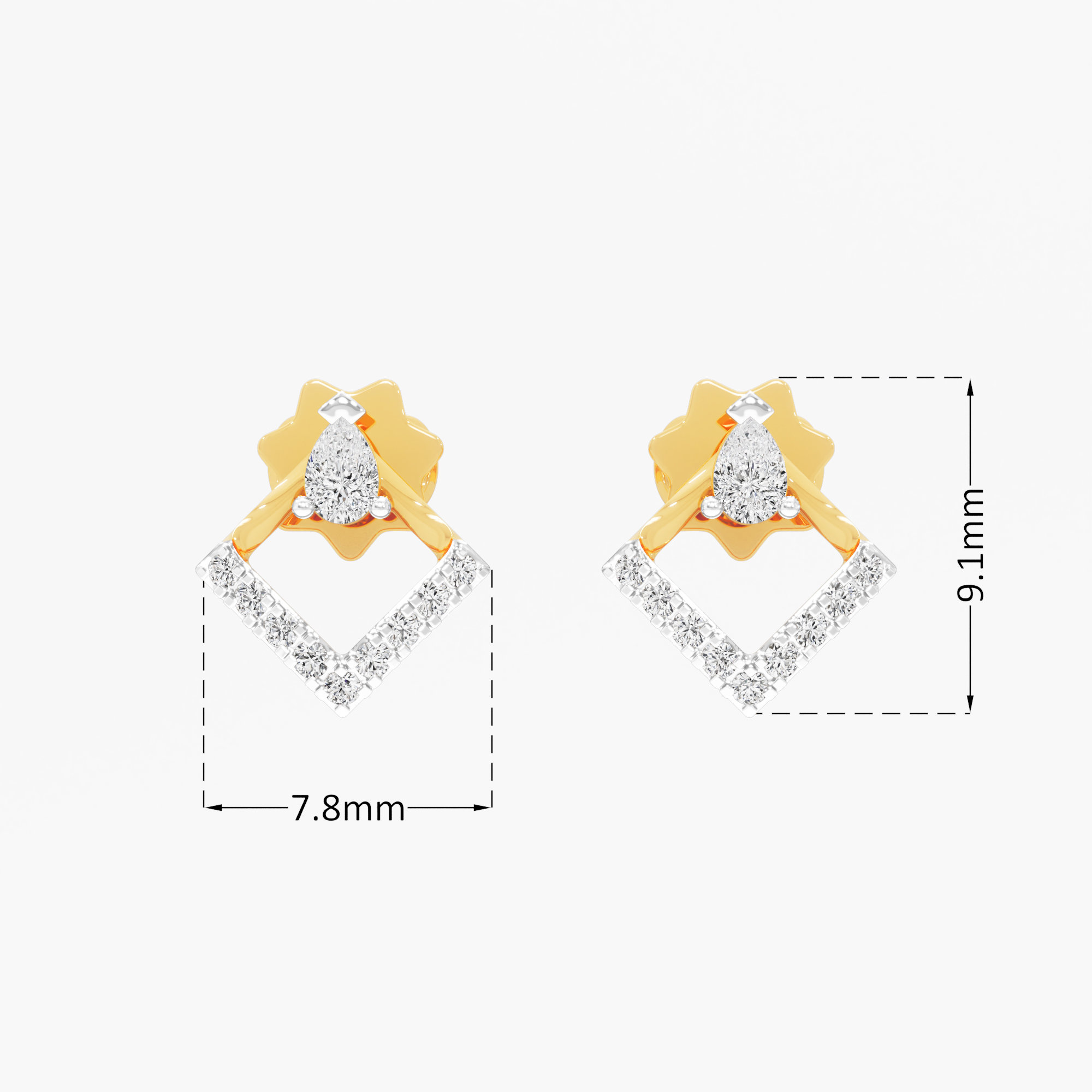 Pinnacle Square Stud Earrings in 9KT Yellow Gold (Diamond Quality: FG-VVS VS)