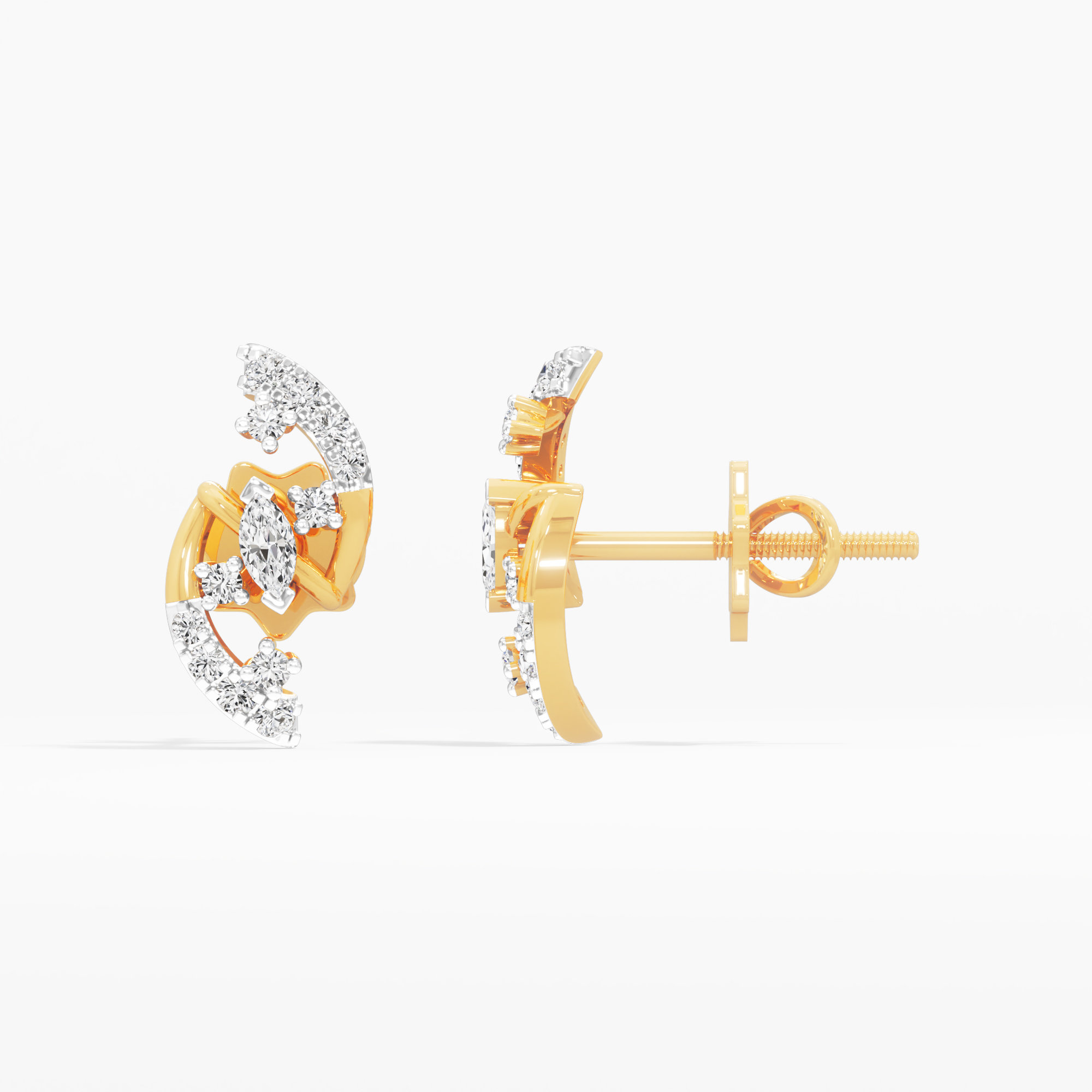 Curved Wing Stud Earrings in 9KT Yellow Gold (Diamond Quality: FG-VVS VS)