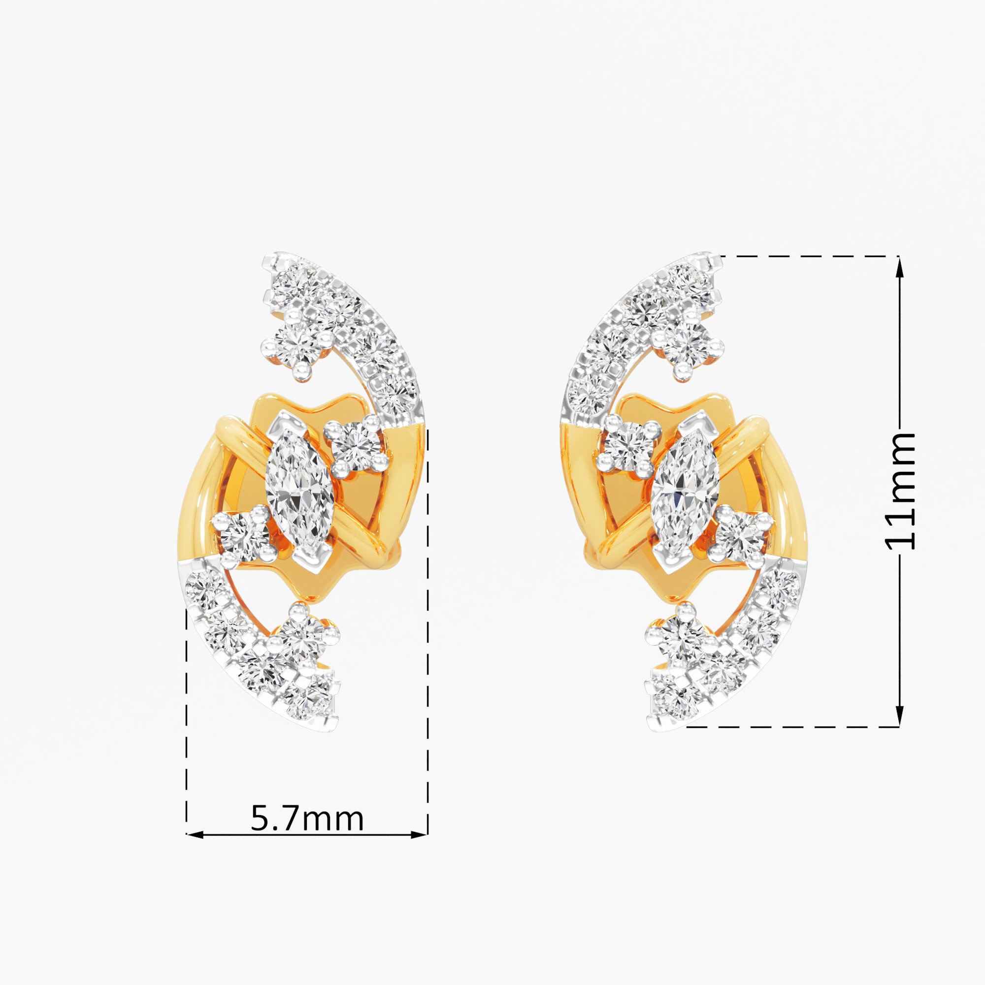 Curved Wing Stud Earrings in 9KT Yellow Gold (Diamond Quality: FG-VVS VS)