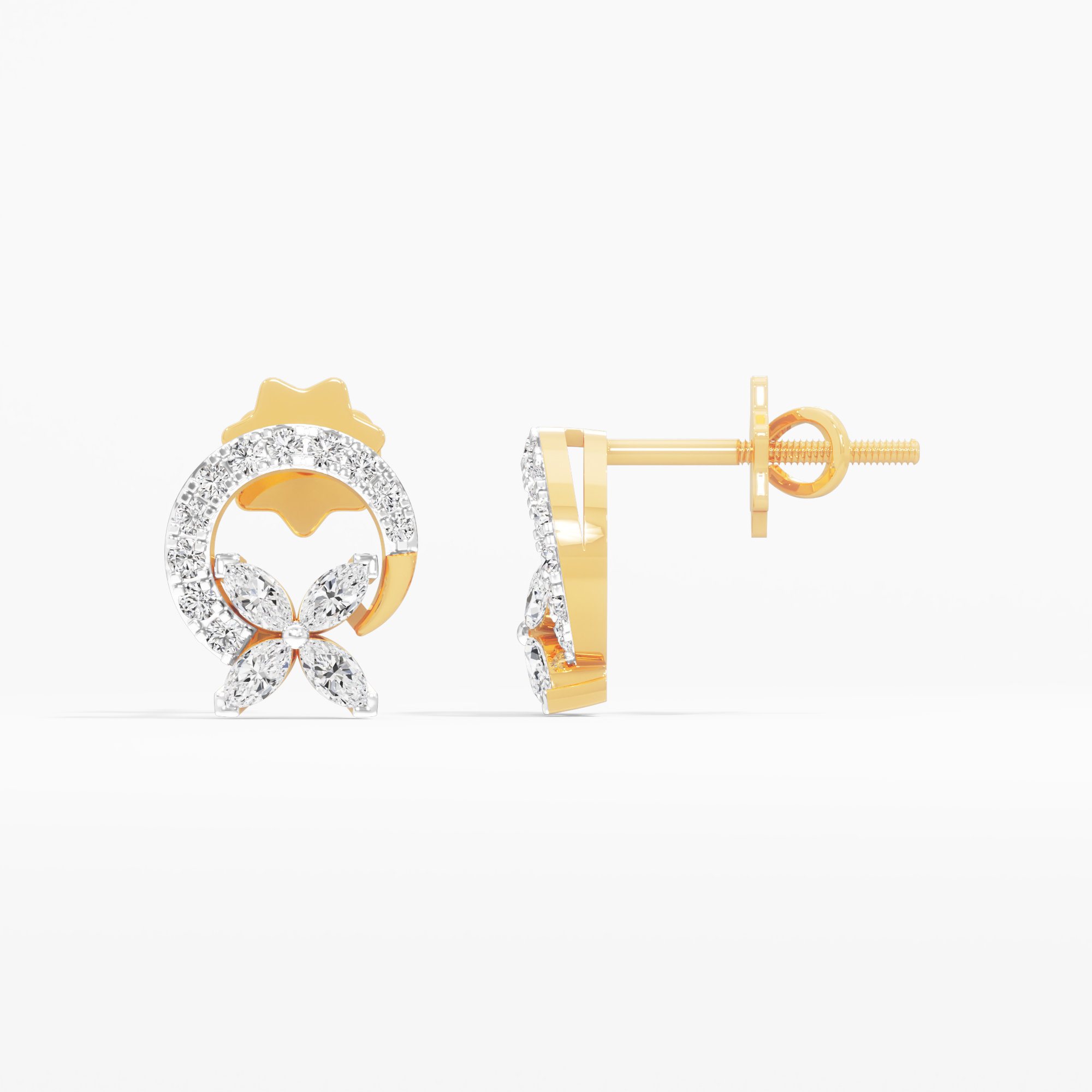 Four-Petal Halo Stud Earrings in 9KT Yellow Gold (Diamond Quality: FG-VVS VS)