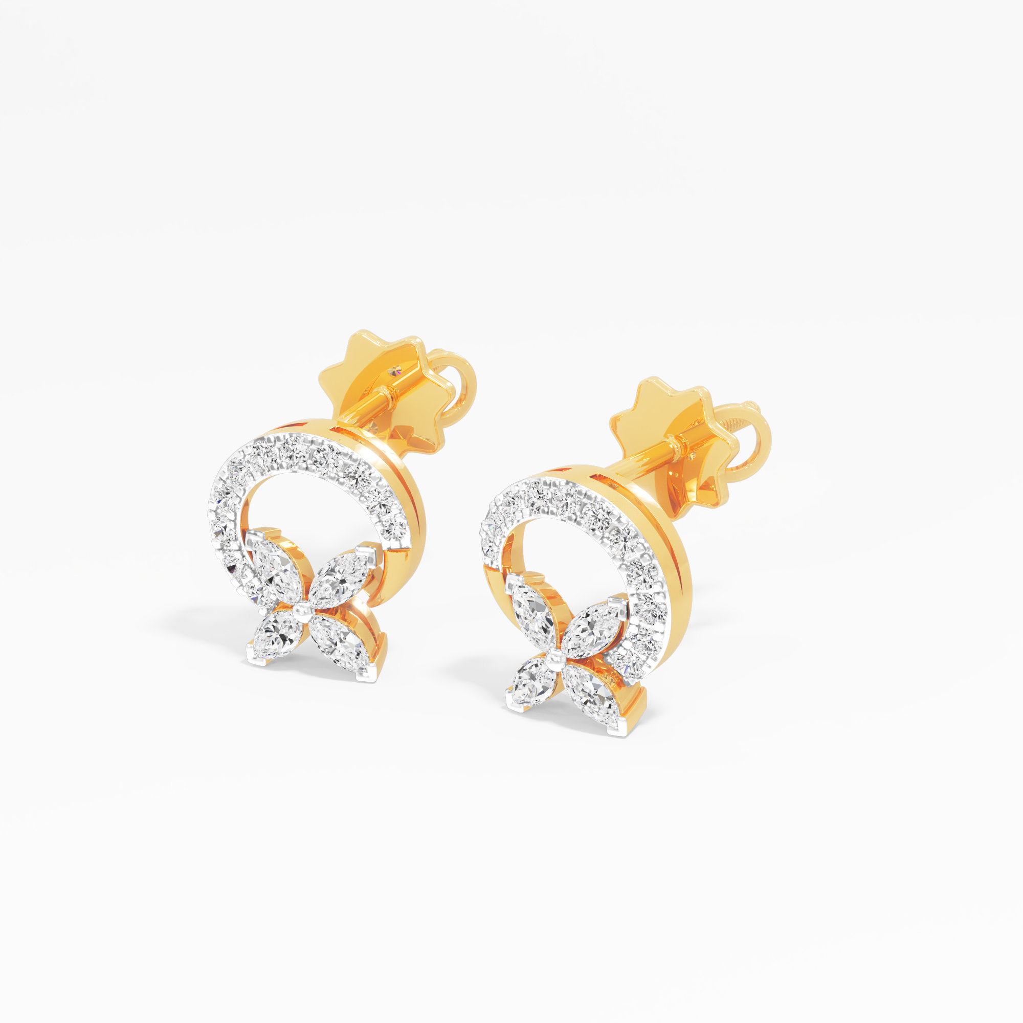 Four-Petal Halo Stud Earrings in 9KT Yellow Gold (Diamond Quality: FG-VVS VS)