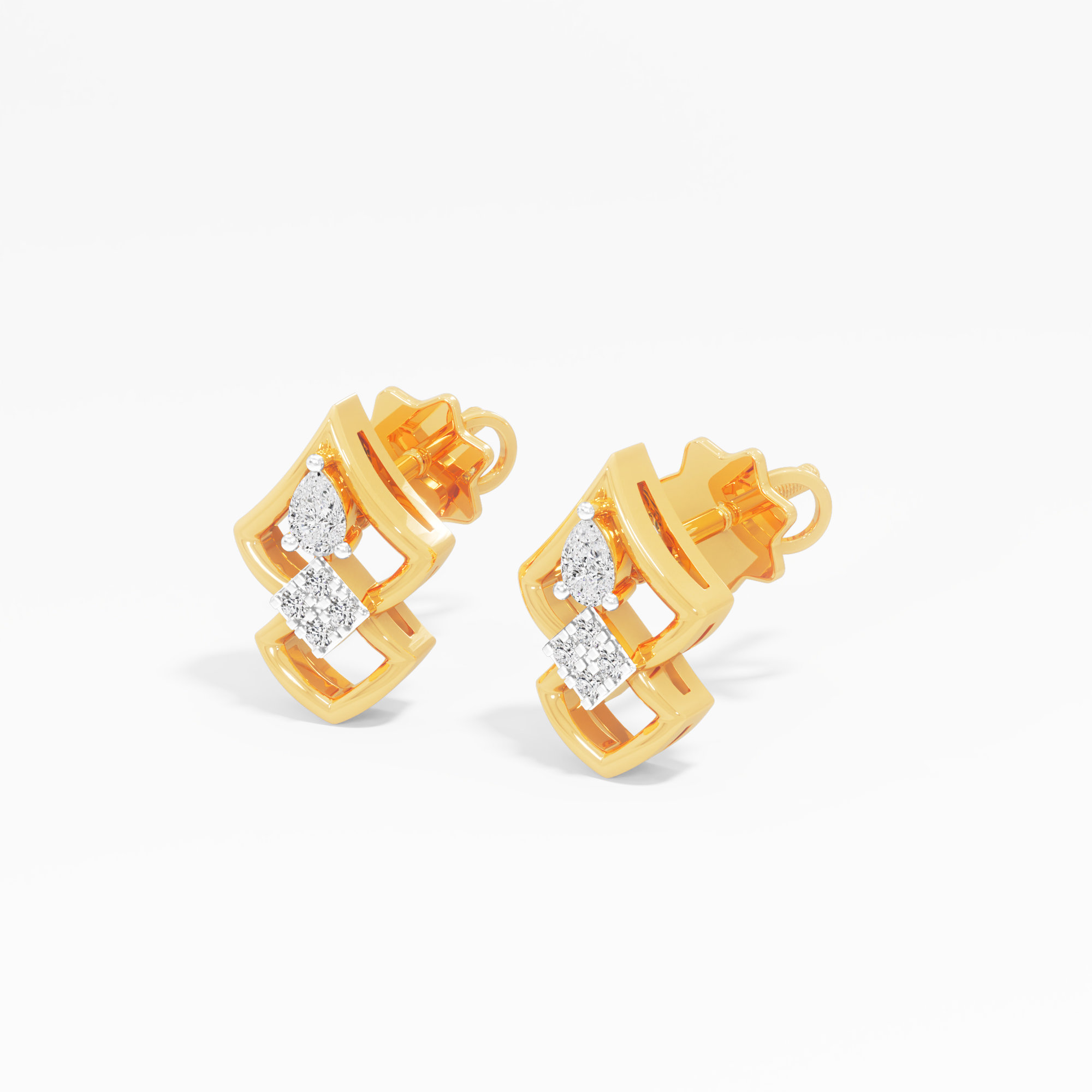 Stacked Frame Stud Earrings in 9KT Yellow Gold (Diamond Quality:FG-VVS VS)