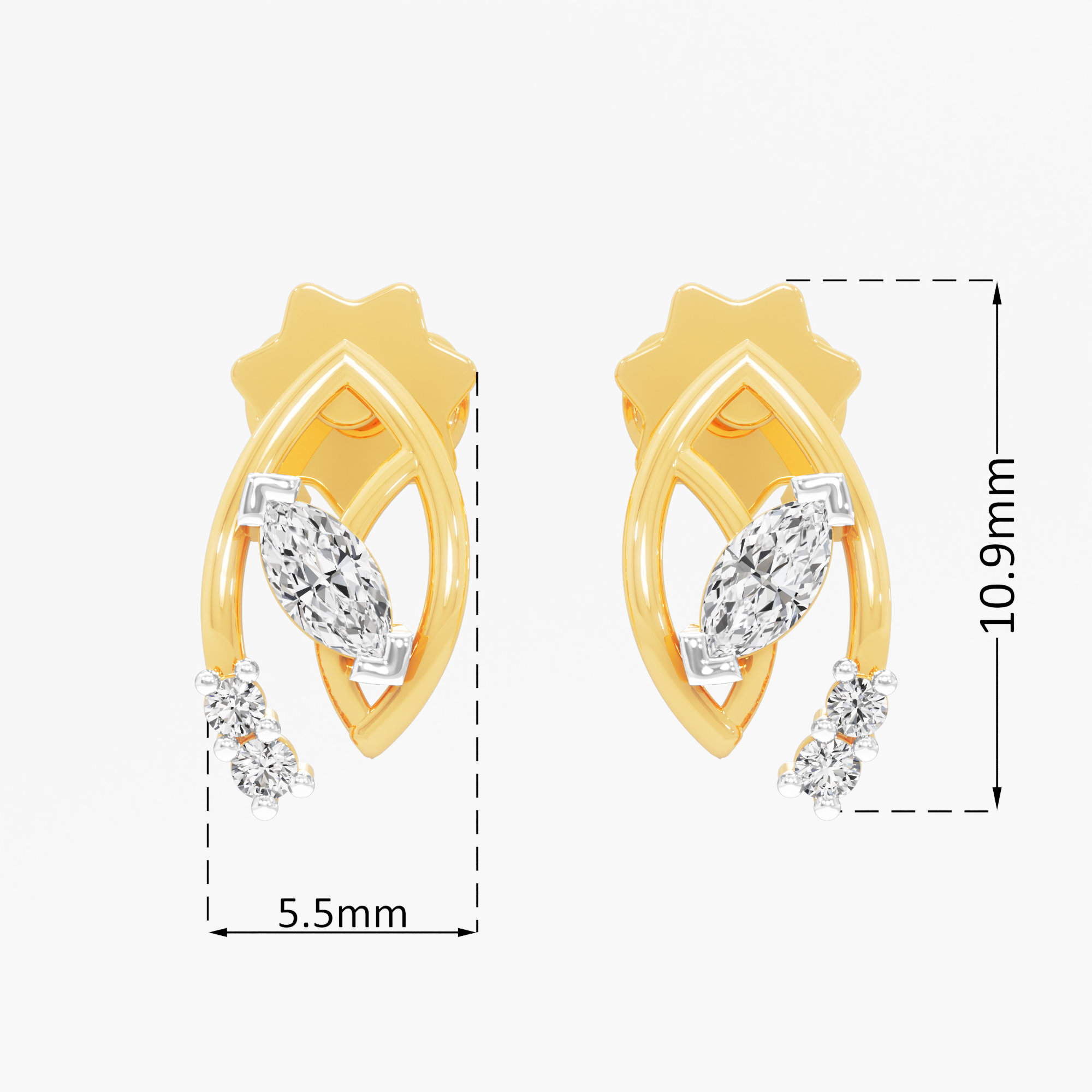 Whispering Leaf Stud Earrings in 9KT Yellow Gold (Diamond Quality: FG-VVS VS)