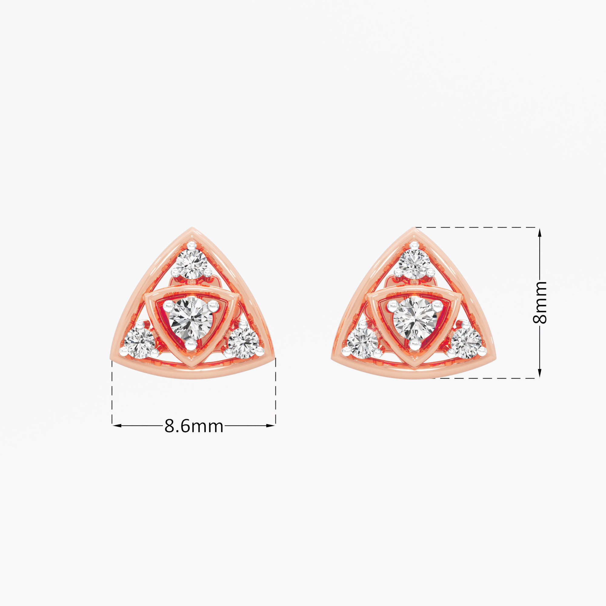 Trinity Glow Studs Earrings in 9KT Rose Gold (Diamond Quality: EF-VVS VS)