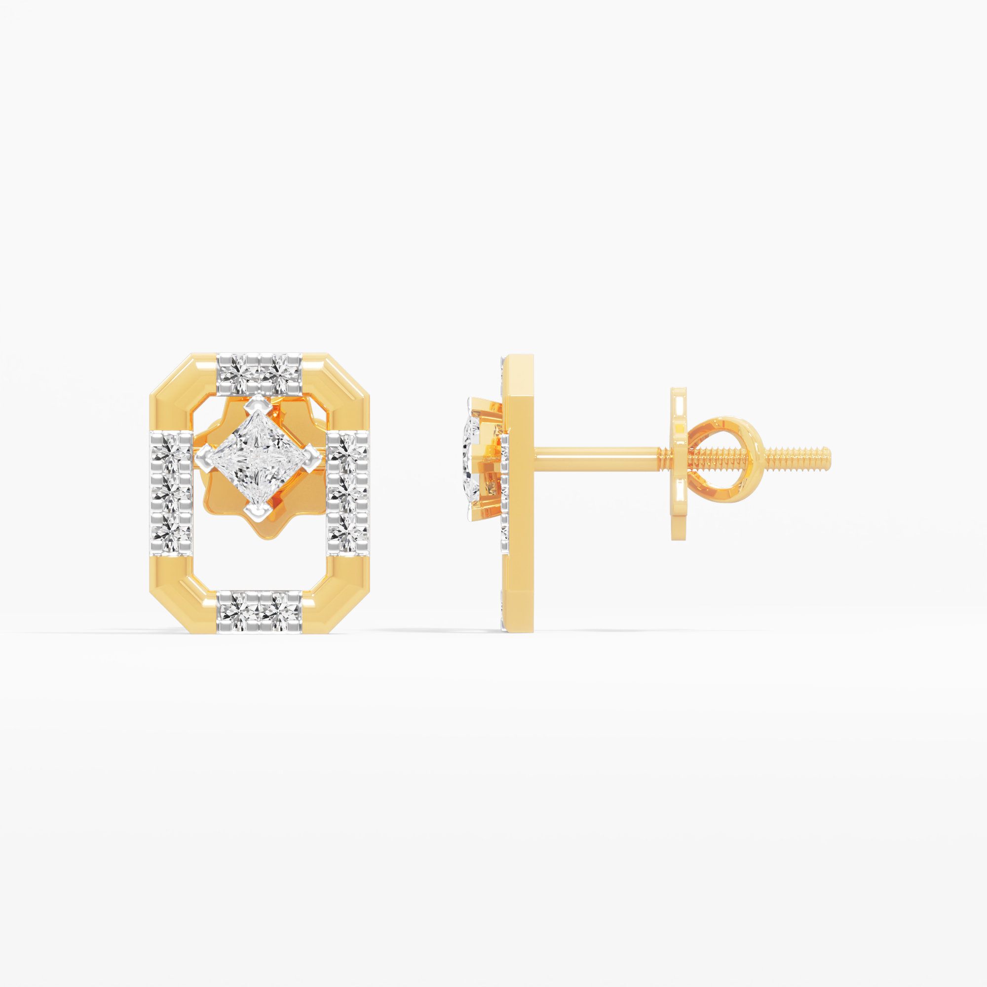 Octagon Princess Stud Earrings in 9KT Yellow Gold (Diamond Quality: FG-VVS VS)