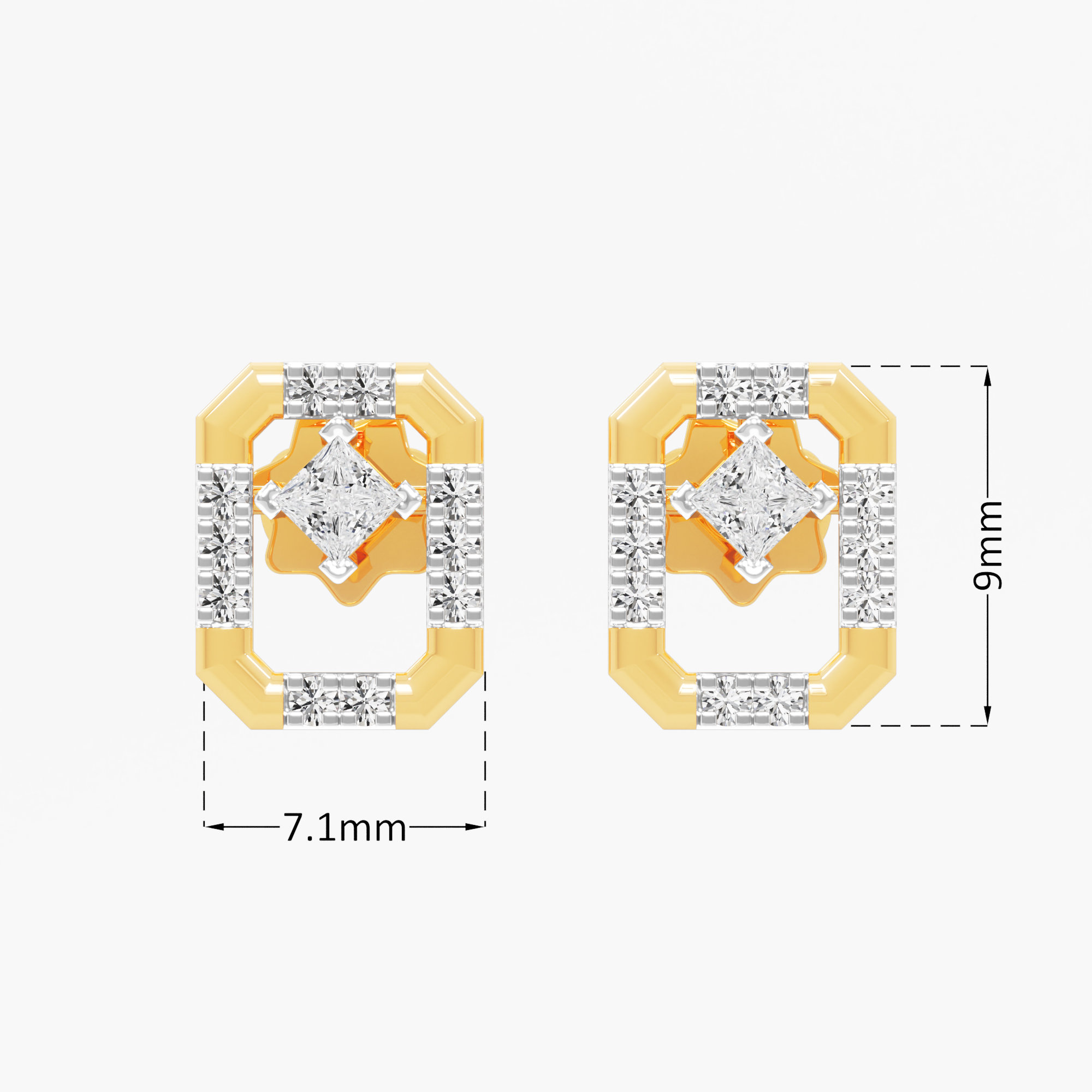 Octagon Princess Stud Earrings in 9KT Yellow Gold (Diamond Quality: FG-VVS VS)