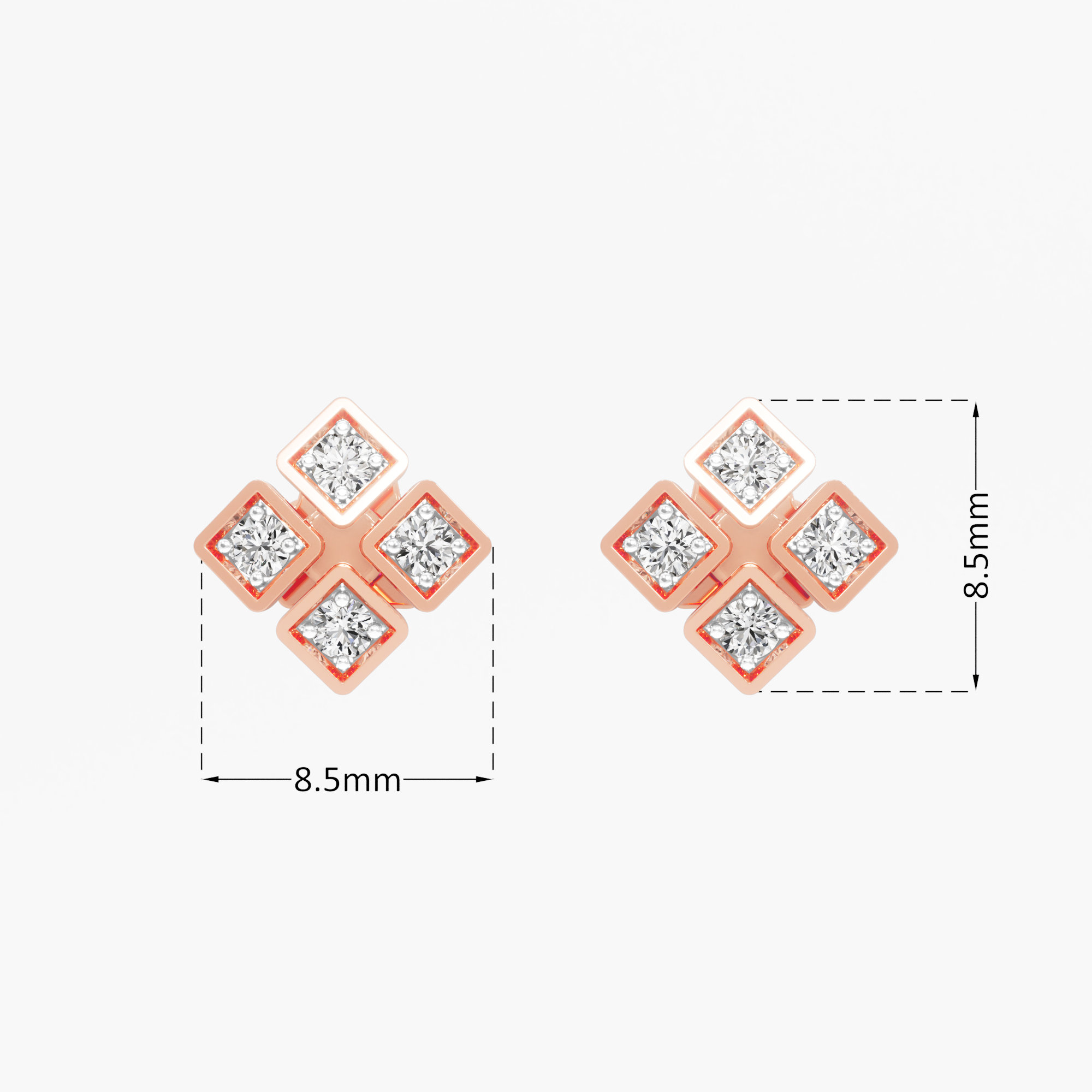 Quadra Sparkle Studs Earrings in 9KT Rose Gold (Diamond Quality: FG-VVS VS)