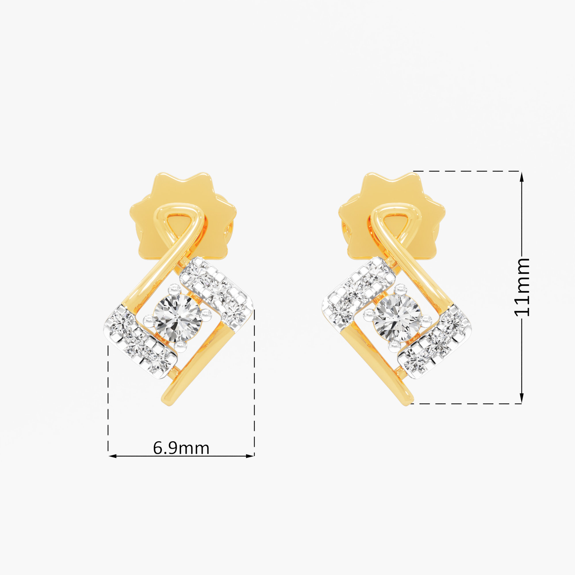 Crossed Frame Stud Earrings in 9KT Yellow Gold (Diamond Quality: FG-VVS VS)