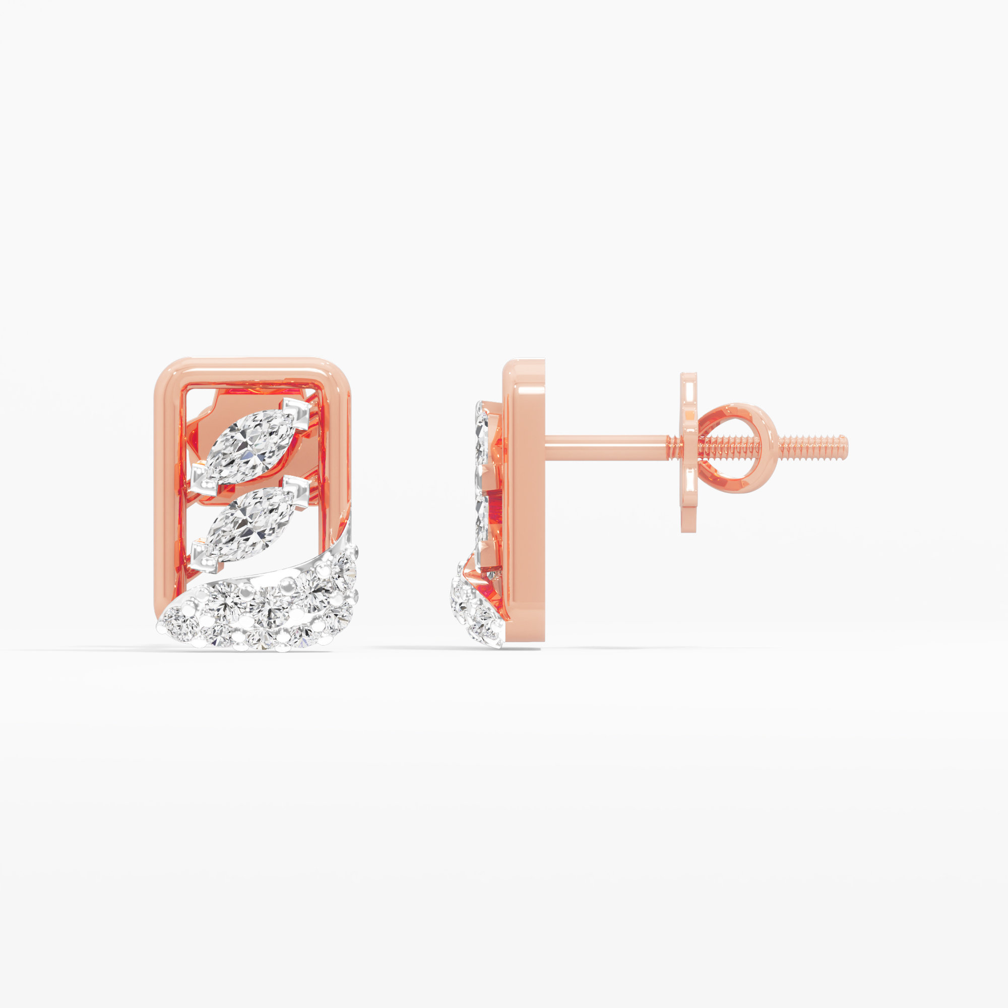Leaf Wave Stud Earrings in 9KT Rose Gold (Diamond Quality: FG-VVS VS)