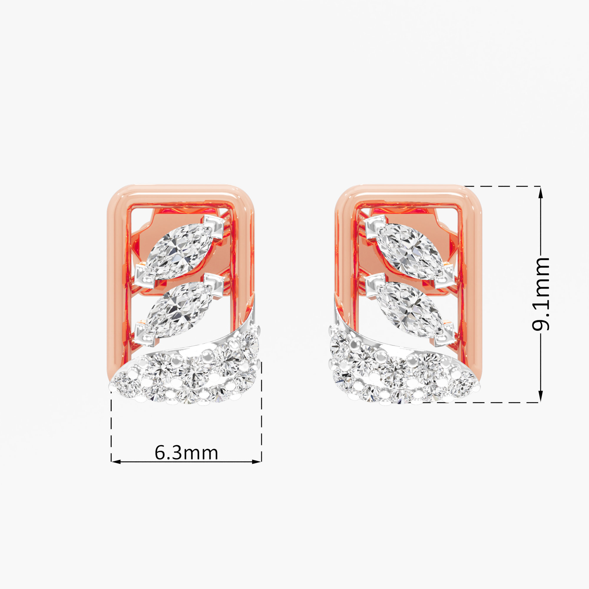 Leaf Wave Stud Earrings in 9KT Rose Gold (Diamond Quality: FG-VVS VS)