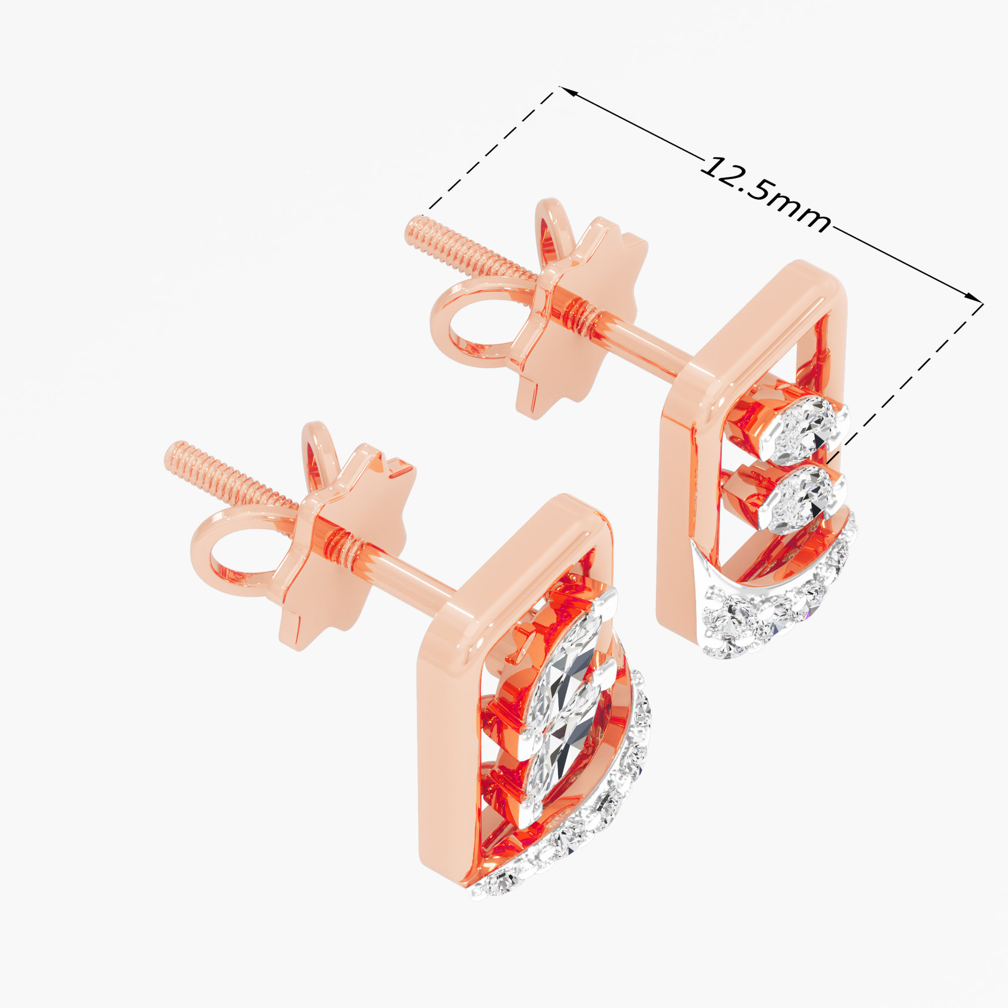 Leaf Wave Stud Earrings in 9KT Rose Gold (Diamond Quality: FG-VVS VS)